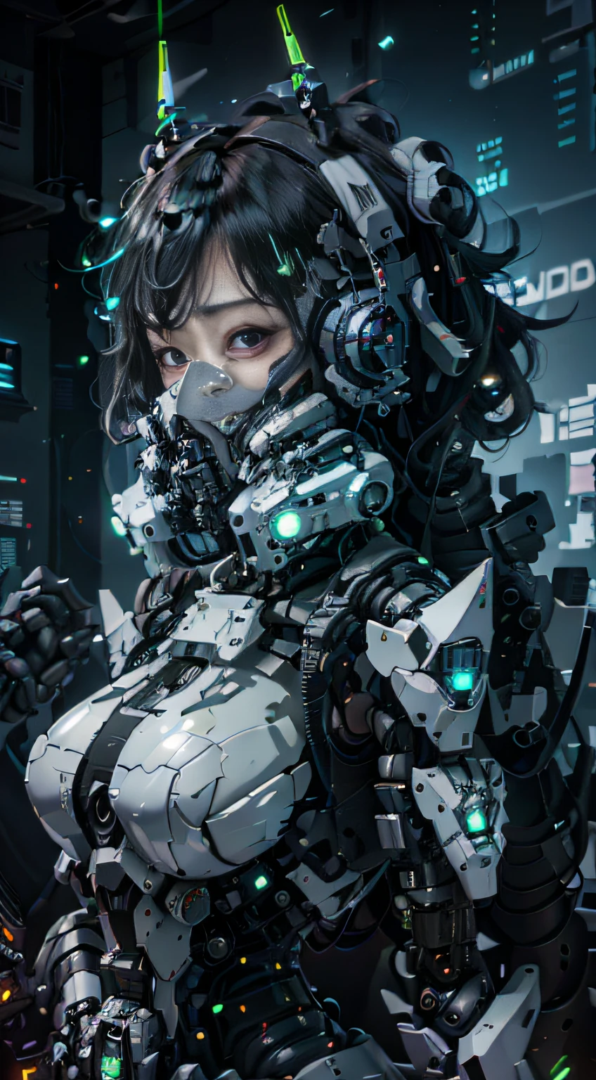A black、cyber punk style、ultra - detailed、A high resolution、Long white messy hair、the breasts are large、delicated face、A beautiful girl wearing a mech mask stands in the ruins.、Behind her is a giant robot、Heavy sniper beam rifle in hand、(Luminous Particle:1.4)、(extremaly detailed cg、Unity 8k Wallpapers、。.3D、lighting like a movie、lense flares)、Reflectors、foco nítido、Cyberpunk art of a、Cyberpunk architecture、