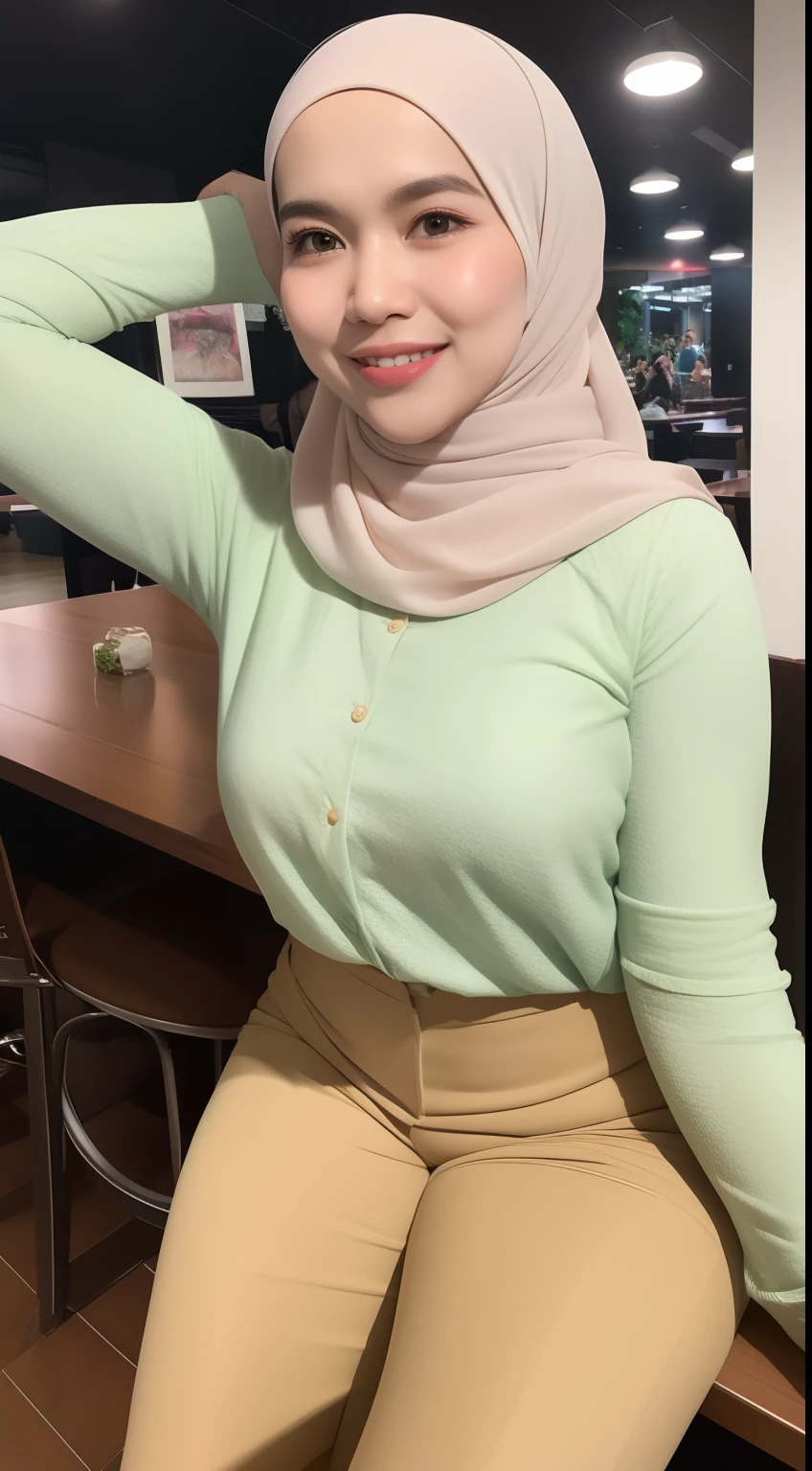 Malay girl in hijab, wear small floral pastel green color shirt and High Waist Plicated brown Suit Pants , laughing and posing with both hand on top of her head, touching her own white head, wear backpack, front view, hijab blown, windy, detail skin, age spot, detail skin texture, mole below eyes, small breast, flat chest, wide hips, small waists, thick thighs, slim abs, beautiful body, nighttime, laughing, happy, bright lighting, college student in background, crowded cafe, blur background, bokeh,