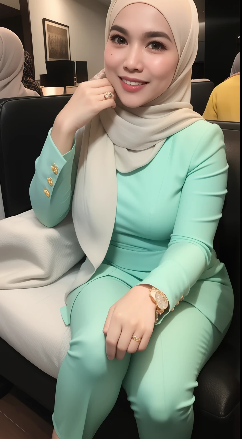 Malay girl in hijab, wear small floral pastel green color shirt and High Waist Plicated brown Suit Pants , laughing and posing with both hand on top of her head, touching her own white head, wear backpack, front view, hijab blown, windy, detail skin, age spot, detail skin texture, mole below eyes, small breast, flat chest, wide hips, small waists, thick thighs, slim abs, beautiful body, nighttime, laughing, happy, bright lighting, college student in background, crowded cafe, blur background, bokeh,