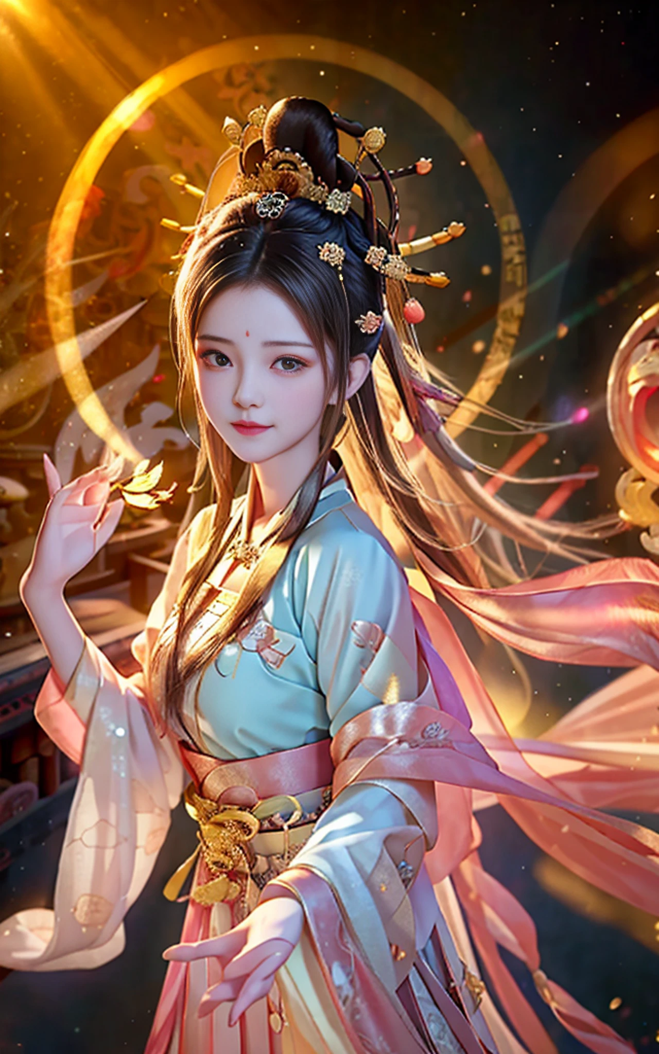 best quality, masterpiece, highres, 1girl,blush,(seductive smile:0.8),star-shaped pupils,china hanfu,hair ornament,necklace, jewelry,Beautiful face,upon_body, tyndall effect,photorealistic, dark studio, rim lighting, two tone lighting,(high detailed skin:1.2), 8k uhd, dslr, soft lighting, high quality, volumetric lighting, candid, Photograph, high resolution, 4k, 8k, Bokeh