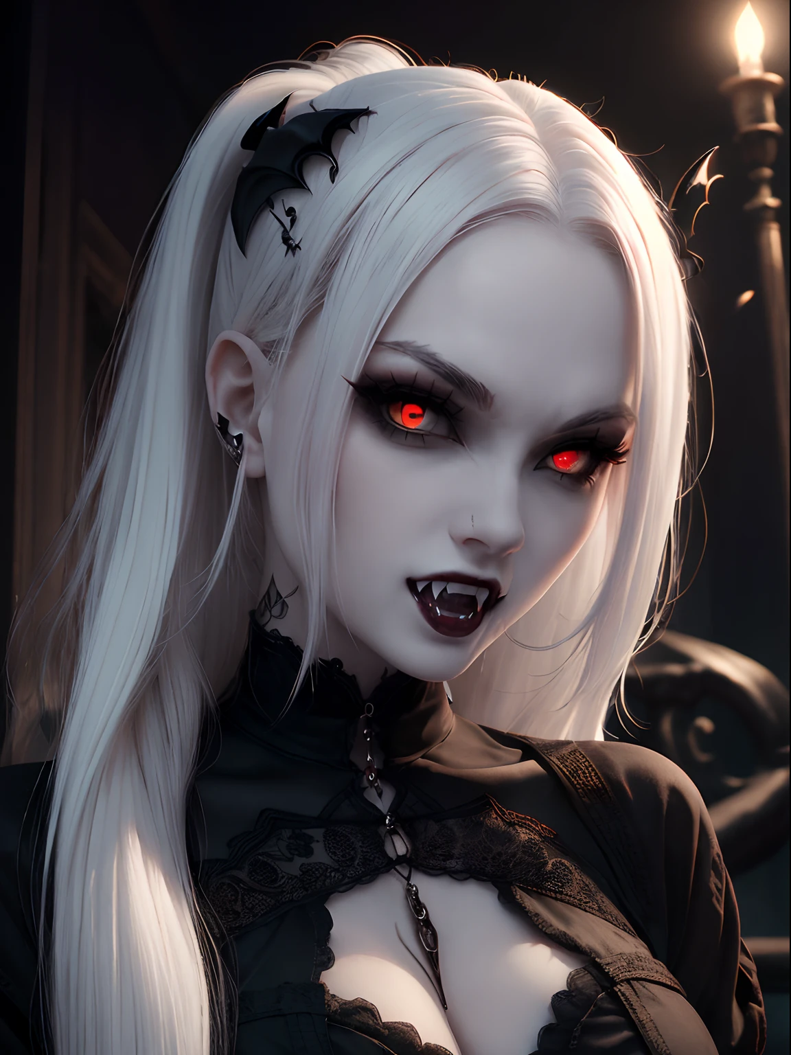 (masterpiece), best quality, expressive eyes, perfect face, ((Long white hair)), Vampire Fangs, ((Red eyes)), pale skin, black goth Dress ,ponytail, black tattoos, grave, dynamic pose, vampire, fangs, upper body, Vampire facing