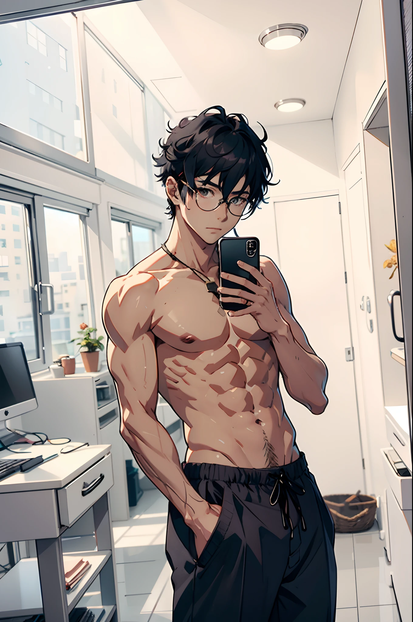 anime boy wearing glasses, black curly hair, shirtless, holding up his phone, gray trousers, HD, 4k, ultra setting