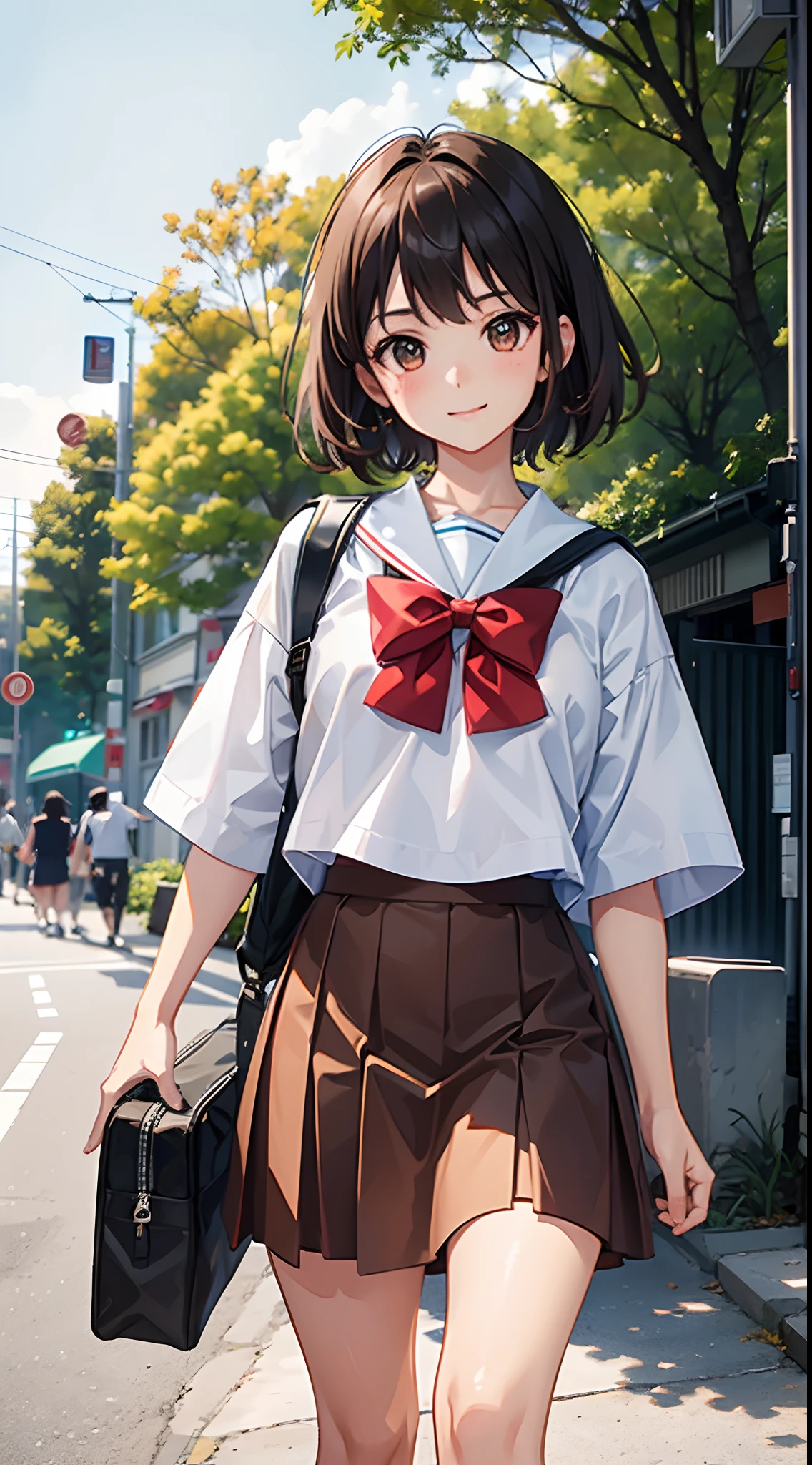 solo, smile, Nanako Doujima, short twintails, brown eyes, eva school unifrom, 1girl, solo, tokyo-3 middle ,  shirt, short sleeves, suspender skirt, neck ribbon,, ultra detailed, masterpiece, best quality,nsfw,small breasts,panties