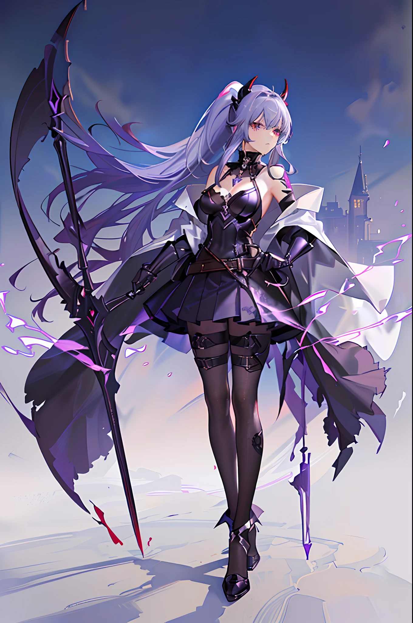 vampire queen, perfect body shape, small breast, battle skirt, (royal cape:1.1), main color is matte black, secondary color is purple, sexy and devil aura, original character, masterpieces, seducing purple pupil, (multi color high pony tail 1:1.2), walking under blood moon and middle of the destroyed city street, purple gem accessories, golden belt, golden necklace, windy and evil effect, soft moon light focus, corruption, extremely delicate and beautiful eyes, messy bang, unique crown