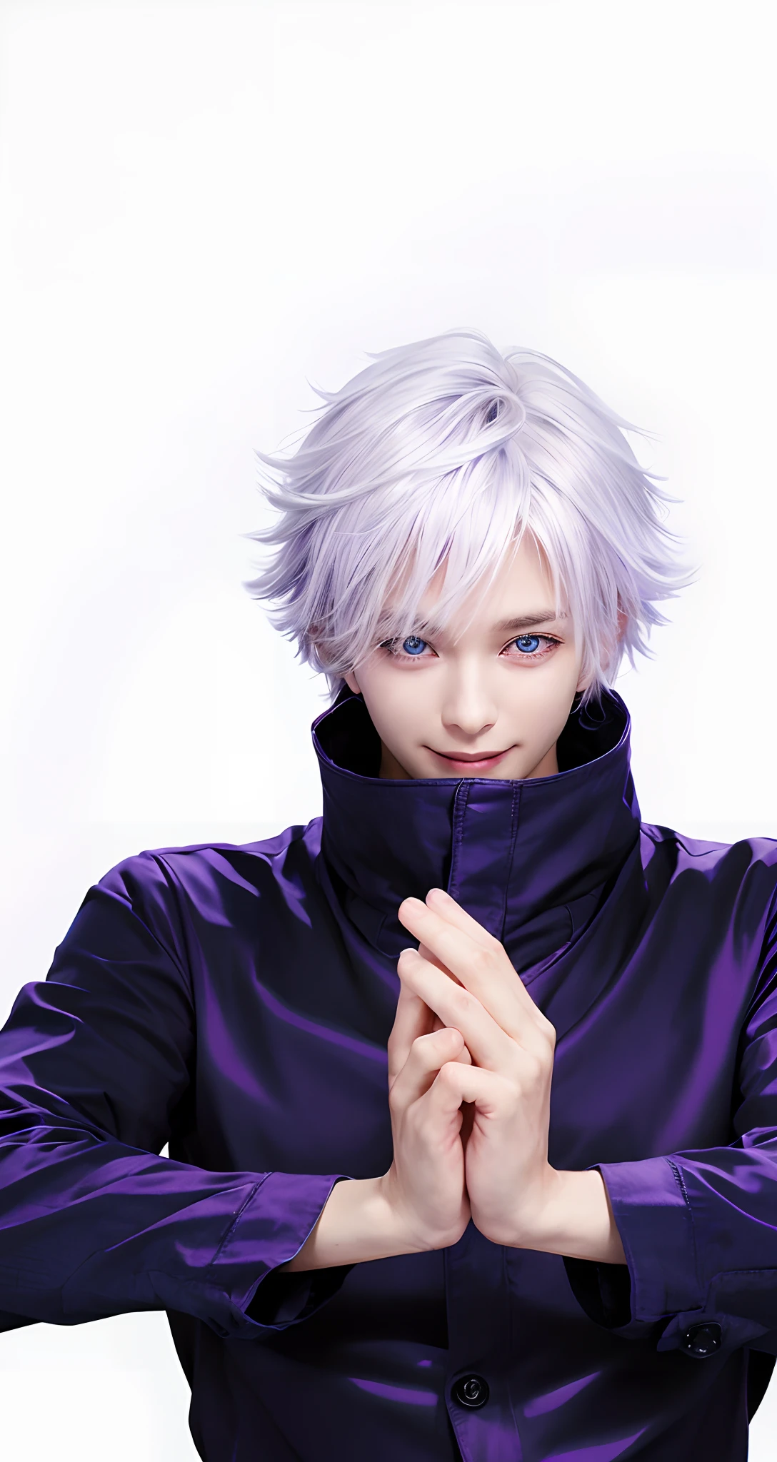 1male, gojo satoru in anime jujutsu kaisen, short hair , white hair, blue ligth eyes, handsome, smile, purple clothes, realistic clothes, detail clothes, city background, ultra detail, realistic
