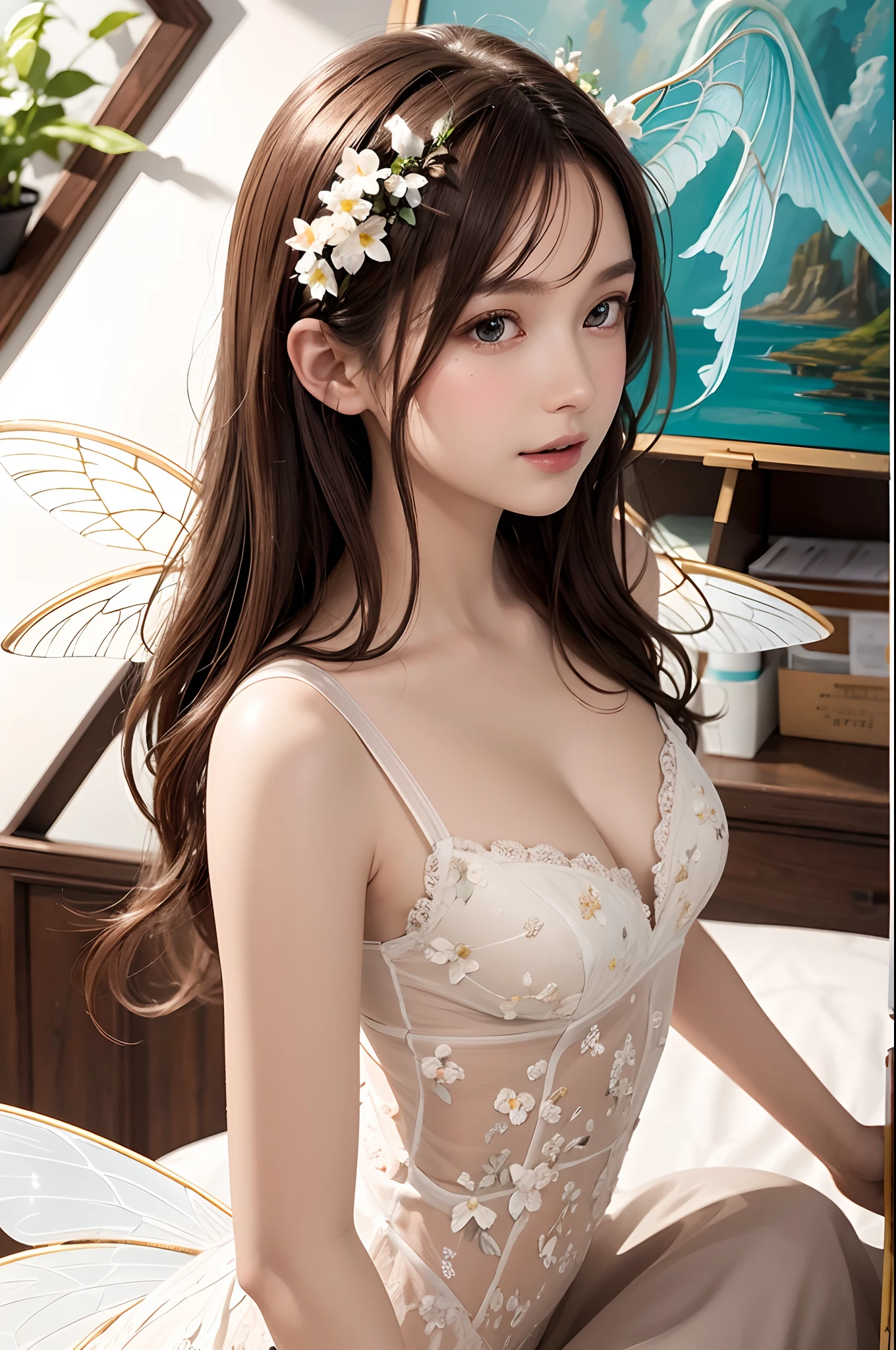 Masterpiece, highest quality, (((masterpiece))), (((highest grade))), ((extra fine)), (illustration), ((extremely delicate and beautiful)), dynamic angle, floating, (fairy Wings: 1.4), (beautiful detailed eyes), (detailed light), (1 girl), medium bust, medium long hair, dark brown sparkling eyes, dark brown hair, bodycon dress, natural, (sunlight), (painting), (sketch), (flower), slight smile, pastel colors, complete anatomy, upper body, highly detailed beautiful face,