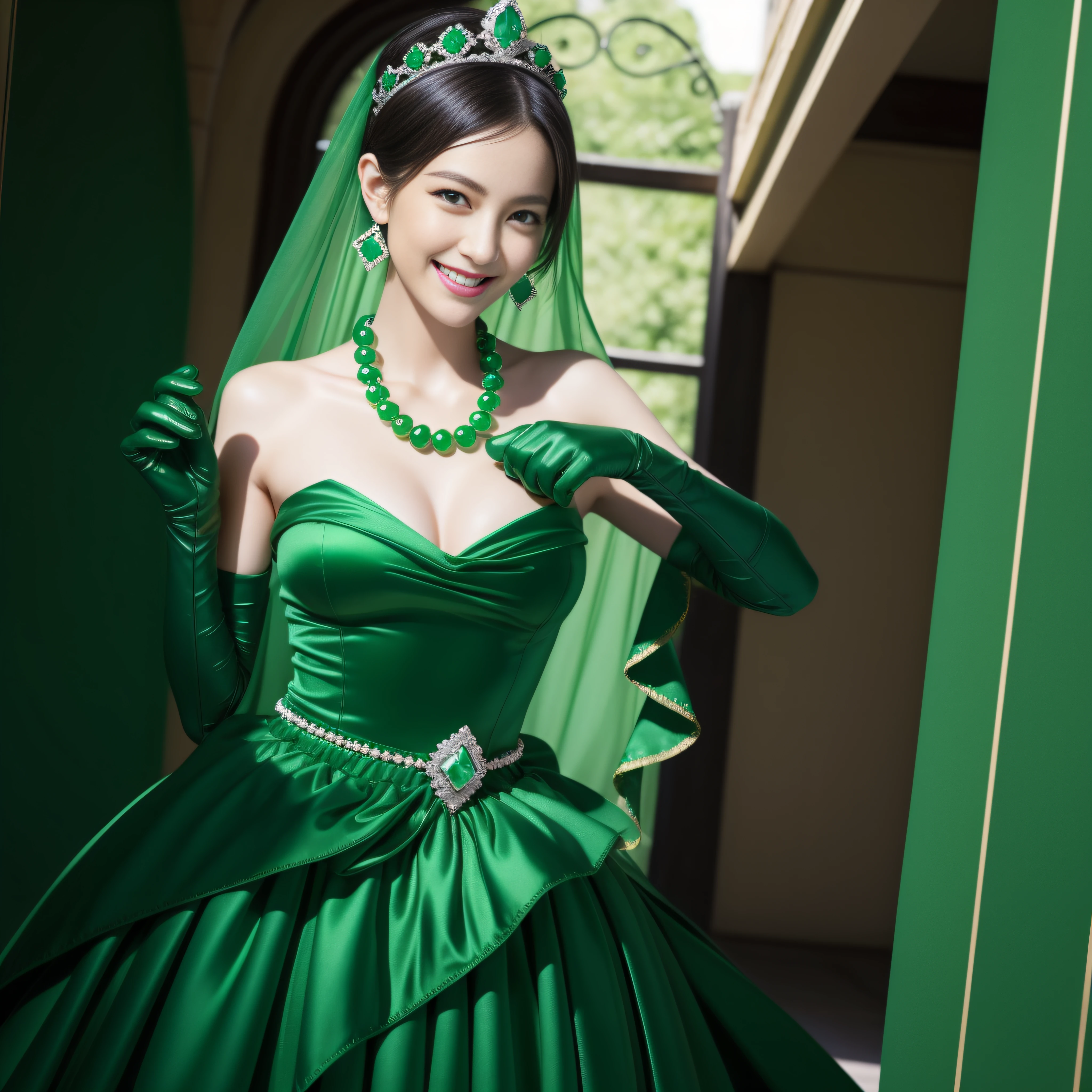 emerald tiara, Green Pearl Necklace, Boyish very short black hair, lipsticks, Japan woman smiling, very short short hair, big breasts beautiful, Green eyes, Long green gloves made of satin material, Green eyes, Emerald Earrings