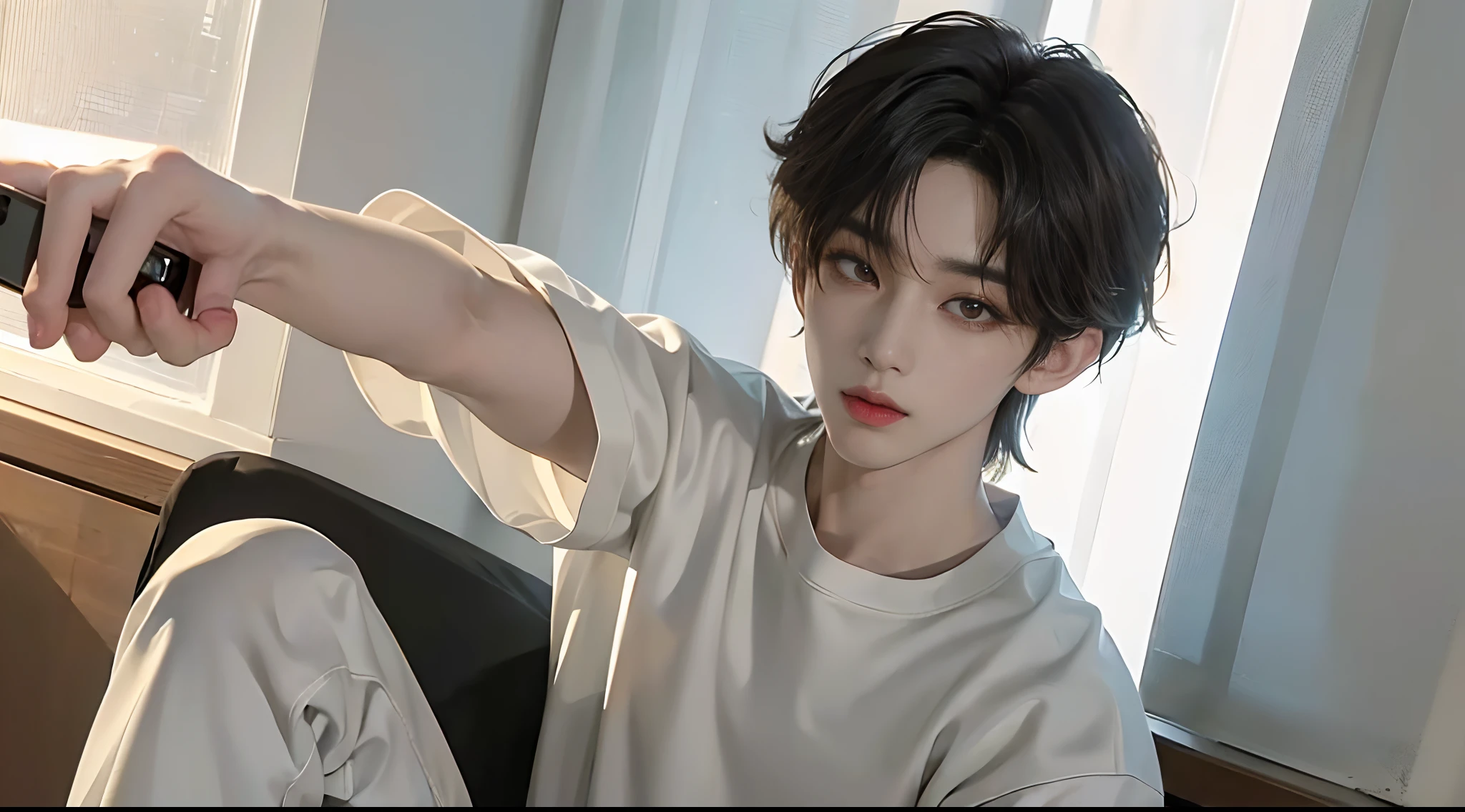 ​masterpiece、（top-quality)、((high-level image quality))、One Manly Boy、Slim body、((White Y-shirt and long black pants:1.1))、(Detailed beautiful eyes)、On the road at night、Face similar to Chaewon in Le Selefim、((short hair above the ears))、((Smaller face))、((Neutral face))、((Light brown eyes))、((Korean boy))、((18year old))、((Handsome man))、((Wild look))、((Korean Makeup))、((elongated and sharp eyes))、((Take a selfie))、((Shooting from close range))