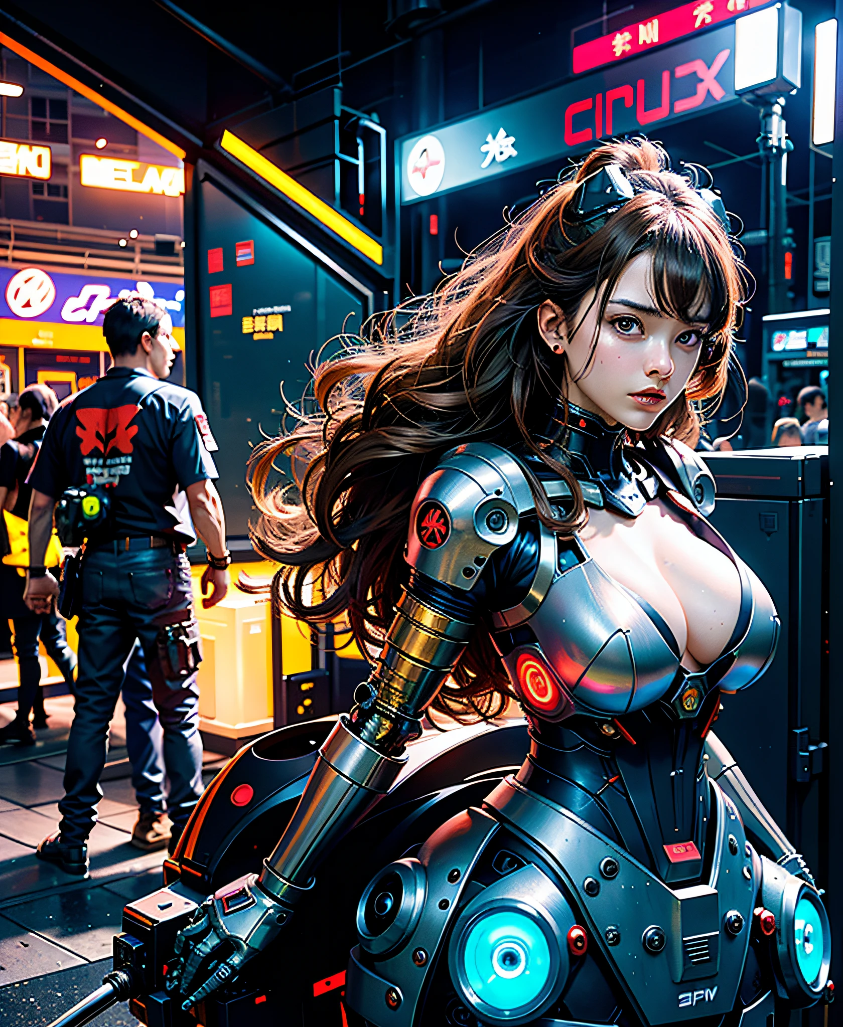 Evangelion girl, big, face and breasts raw, cleavage visible. photorealistic, portfolio, gundam-style metal mecha suit, cyberpunk, metallic, detailed mecha parts, bunch of thin tubes, metal cylinder, detailed neon, fine LED,