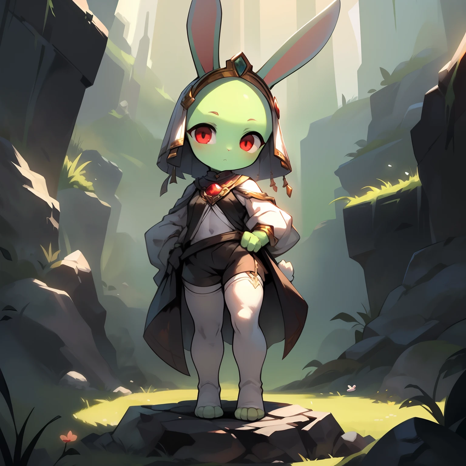 Best quality,Masterpiece,solo person,((byself)),Black top,Black shorts,(white stockings),(White knee-length socks),Stand on a stone slab,(Short stature),(bit girl),((The bald head has no ears,rabbit Facial Features,rabbit Body Features,Rabbit-shaped headdress)),red eyes,(bunny tail),(Pale green body hair,Light green legs),(Rabbit feet),alleys,