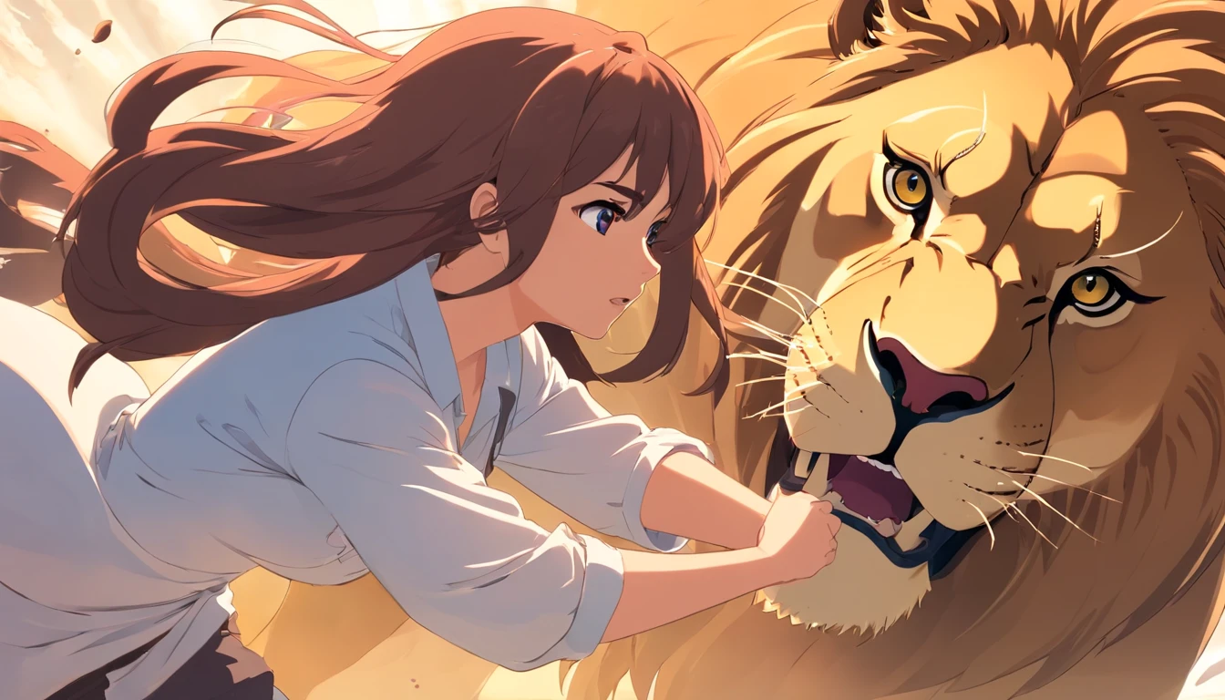 single picture: Samson, long hair with white blouse fighting with a lion