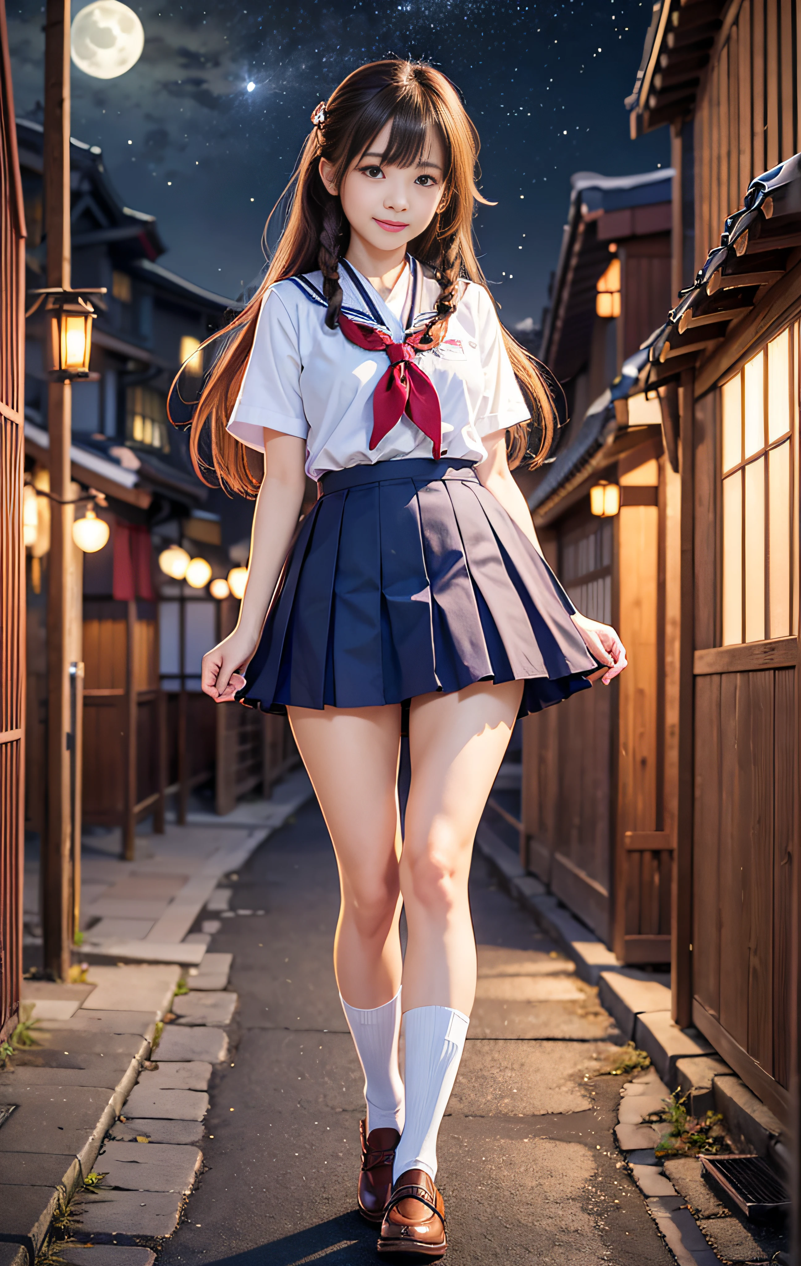 (highest quality,masterpiece:1.3,Ultra-high resolution),(Very detailed、Caustics) (Realistic:1.4, RAW shooting、)Ultra-Realistic Capture、Very detailed、Natural skin texture、masterpiece、(Two Japanese girls wearing high school sailor uniforms:1.3)、Pressing our chests against each other、Adorable expression、Expressions of happiness、14 years old、Height: 148cm、Young Face、Amazingly cute、Twin tail hairstyle、Straight hair、Scrunchie、Black Hair、light makeup、Slightly large breasts、Bare arms、Shining thighs、Shining ass、Taken on a sidewalk in a neon city at night、smile、An inviting gaze、Anatomically correct、Cowboy Shot、Attention to detail、A pose that emphasizes the chest、