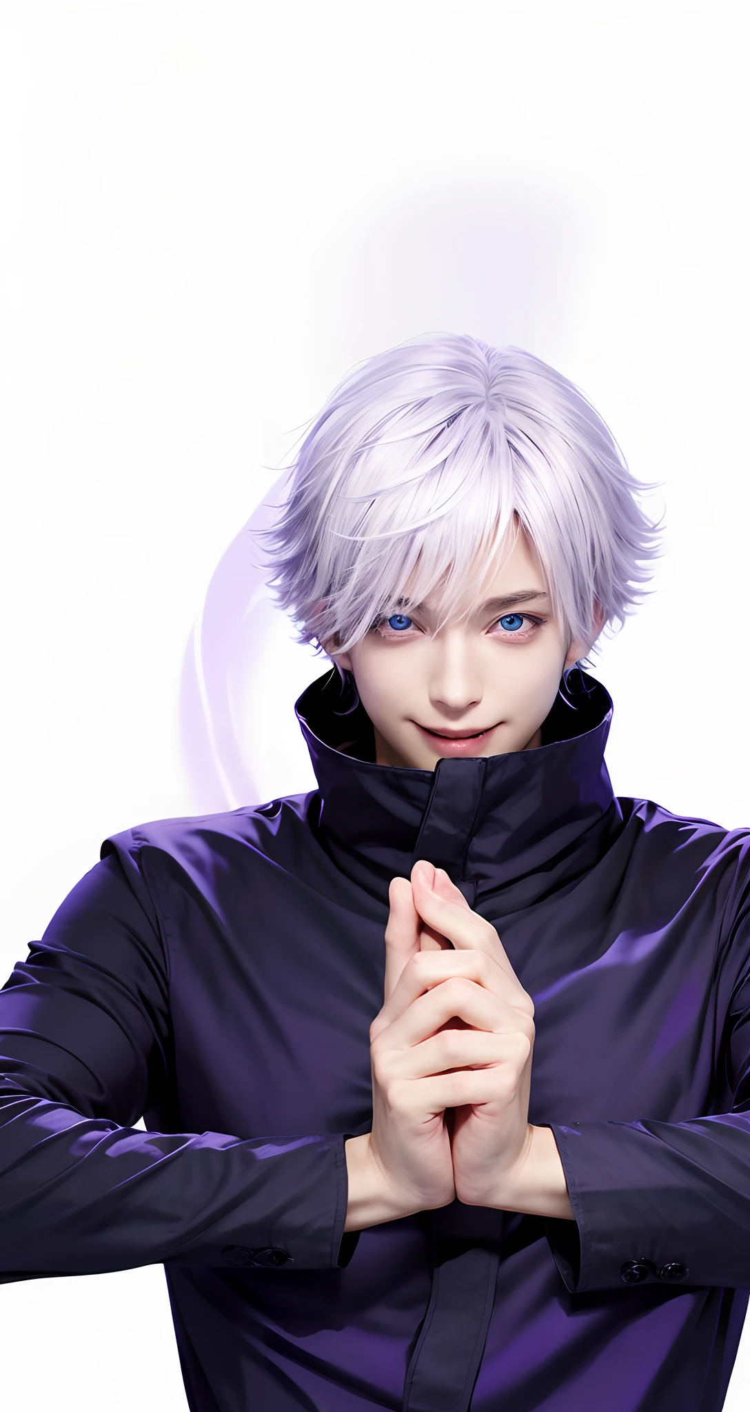 1male, gojo satoru in anime jujutsu kaisen, short hair , white hair, blue ligth eyes, handsome, smile, purple clothes, realistic clothes, detail clothes, city background, ultra detail, realistic