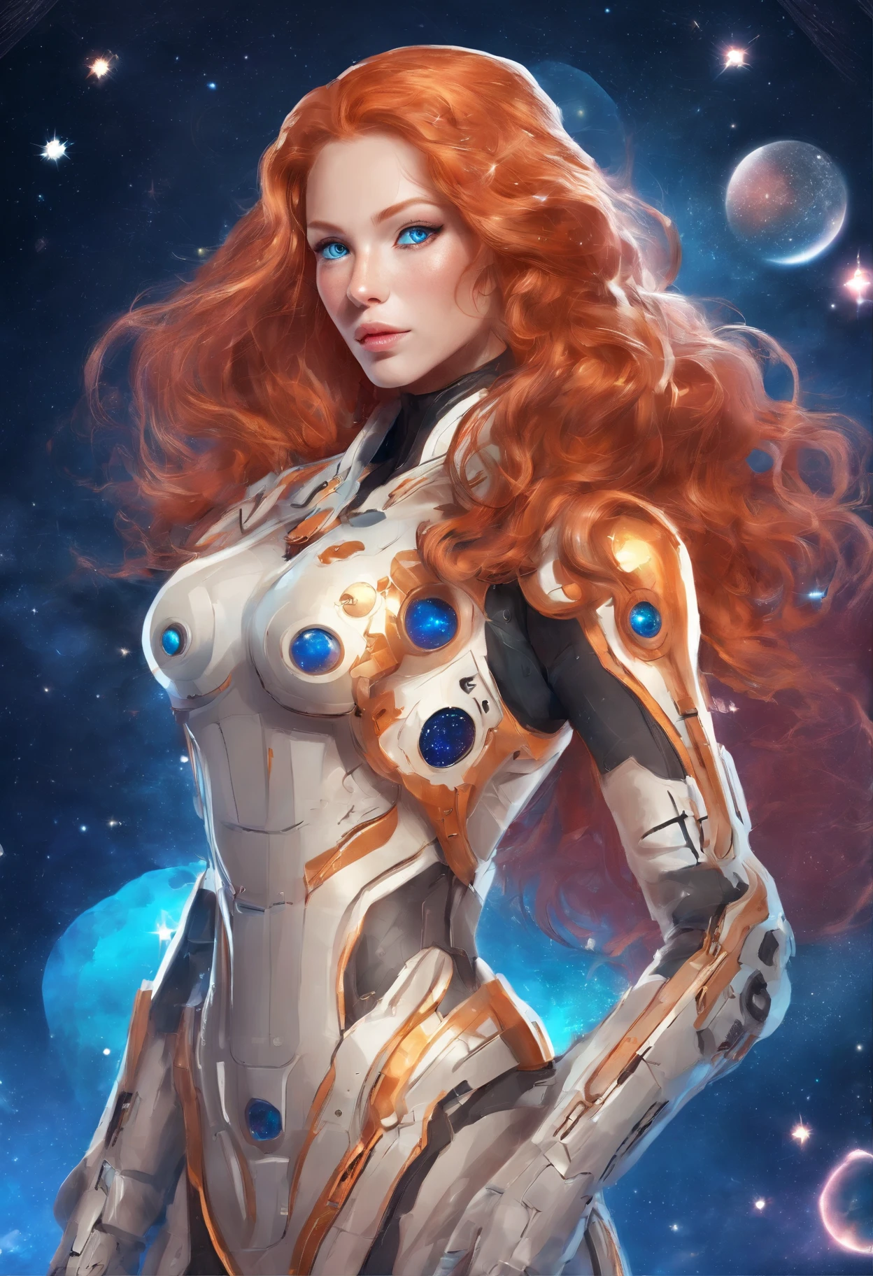 ginger woman with long hair, cluear blue eyes and brightr skin