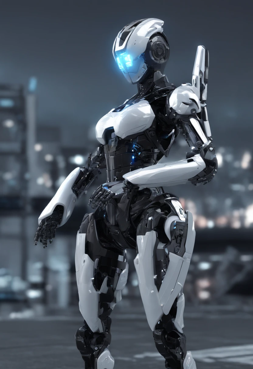 Personagen feminina, armadura futurista, peitos grandes, bunda grande, sorriso lindo, cabelo preto longo, capuz, segurando uma espada, no fundo um Mecha, melhor qualidade 4k,