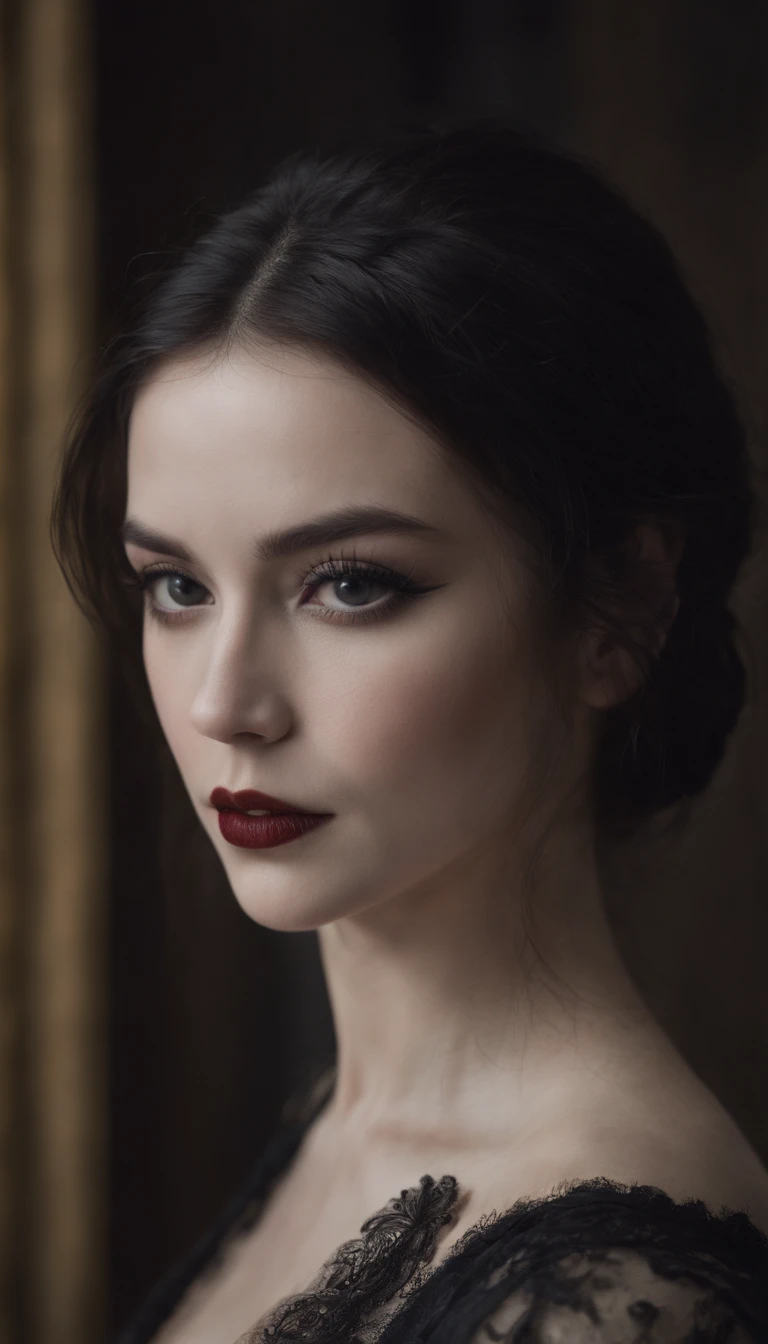 Masterpiece, Best quality, 1 fille, seulement, Texture naturelle de la peau, Realistic black eyes and facial details :5),(Sombre :1. 4), ombres profondes, Extremely detailed beauty, Detailed eyes and face, piercing black eyes, red lipstick, No black eyeliner, Detailed Gothic costume, Queue, cheveux noirs, Film Nikon D850, surreal, Textures authentiques, dramatique, lighting, Moteur Unreal, (Facial clarity :1). 5), (Sheer clothes :1); 1) Style gothique, dentelle noire, tatouage