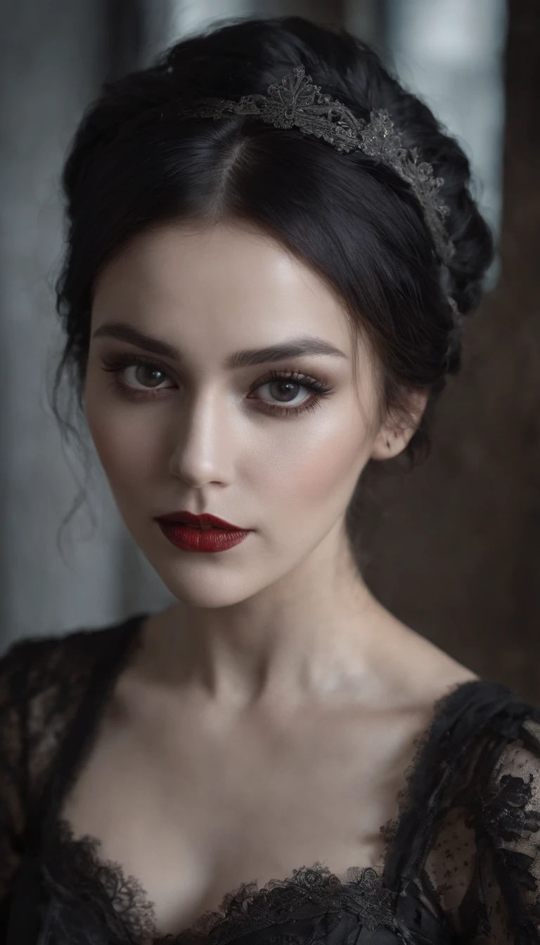 Masterpiece, Best quality, 1 fille, seulement, Texture naturelle de la peau, Realistic black eyes and facial details :5),(Sombre :1. 4), ombres profondes, Extremely detailed beauty, Detailed eyes and face, piercing black eyes, red lipstick, No black eyeliner, Detailed Gothic costume, Queue, cheveux noirs, Film Nikon D850, surreal, Textures authentiques, dramatique, lighting, Moteur Unreal, (Facial clarity :1). 5), (Sheer clothes :1); 1) Style gothique, dentelle noire, tatouage