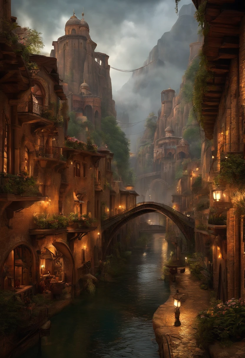 ((masterpiece)),((best quality)),((high detial)),((realistic,)) Industrial age city, deep canyons in the middle, architectural streets, bazaars, Bridges, rainy days, steampunk, European architecture