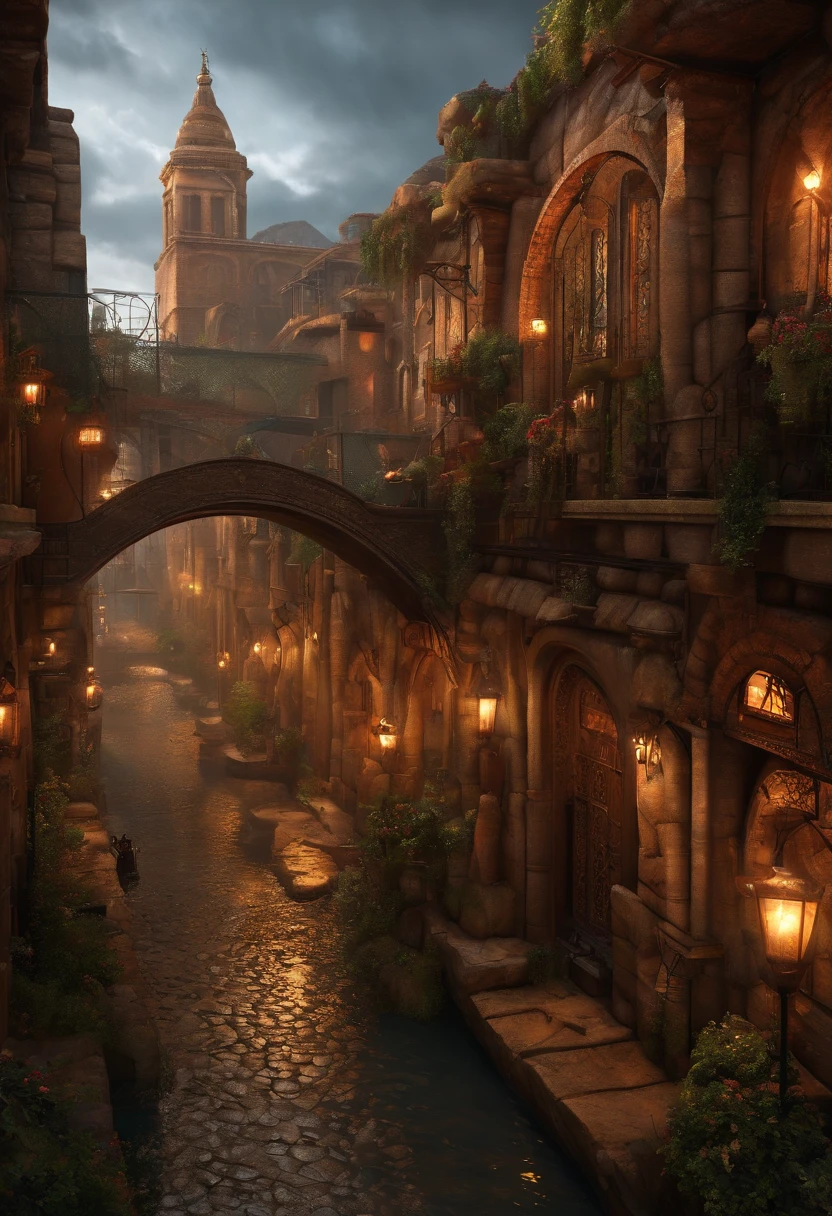 ((masterpiece)),((best quality)),((high detial)),((realistic,)) Industrial age city, deep canyons in the middle, architectural streets, bazaars, Bridges, rainy days, steampunk, European architecture