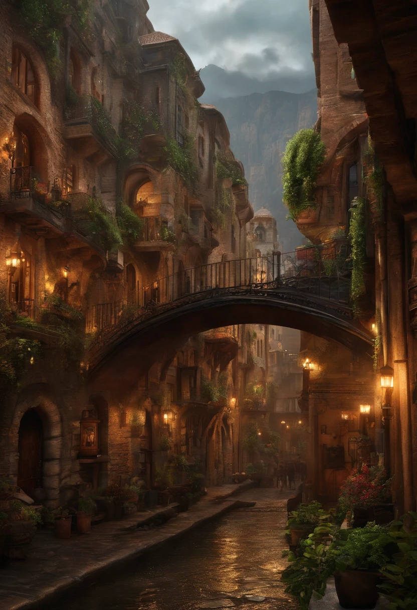 ((masterpiece)),((best quality)),((high detial)),((realistic,)) Industrial age city, deep canyons in the middle, architectural streets, bazaars, Bridges, rainy days, steampunk, European architecture