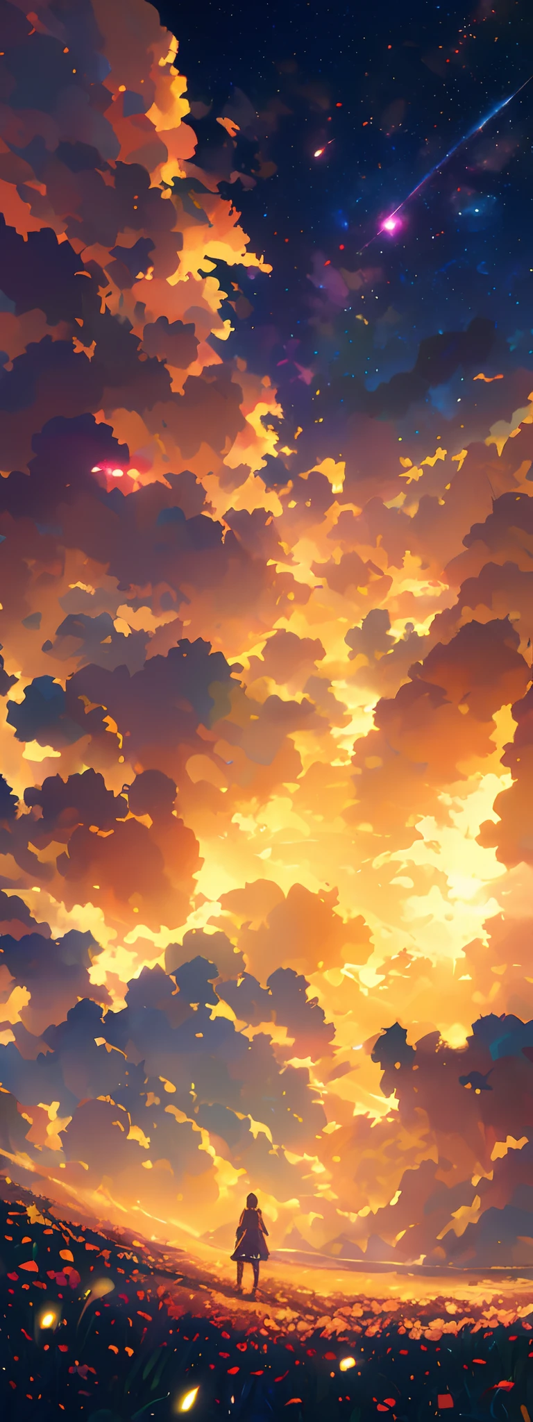 A wide landscape photo, (viewed from below, the sky is above, and the open field is below), a girl standing on a flower field looking up, (full moon: 1.2), (meteor: 0.9), (nebula: 1.3), distant mountains , Trees BREAK Crafting Art, (Warm Light: 1.2), (Firefly: 1.2), Lights, Lots of Purple and Orange, Intricate Details, Volumetric Lighting BREAK (Masterpiece: 1.2), (Best Quality), 4k, Ultra Detailed, (Dynamic Composition: 1.4), Rich in Detail and Color, (Rainbow Color: 1.2), (Glow, Atmospheric Lighting), Dreamy, Magical, (Solo: 1.2)