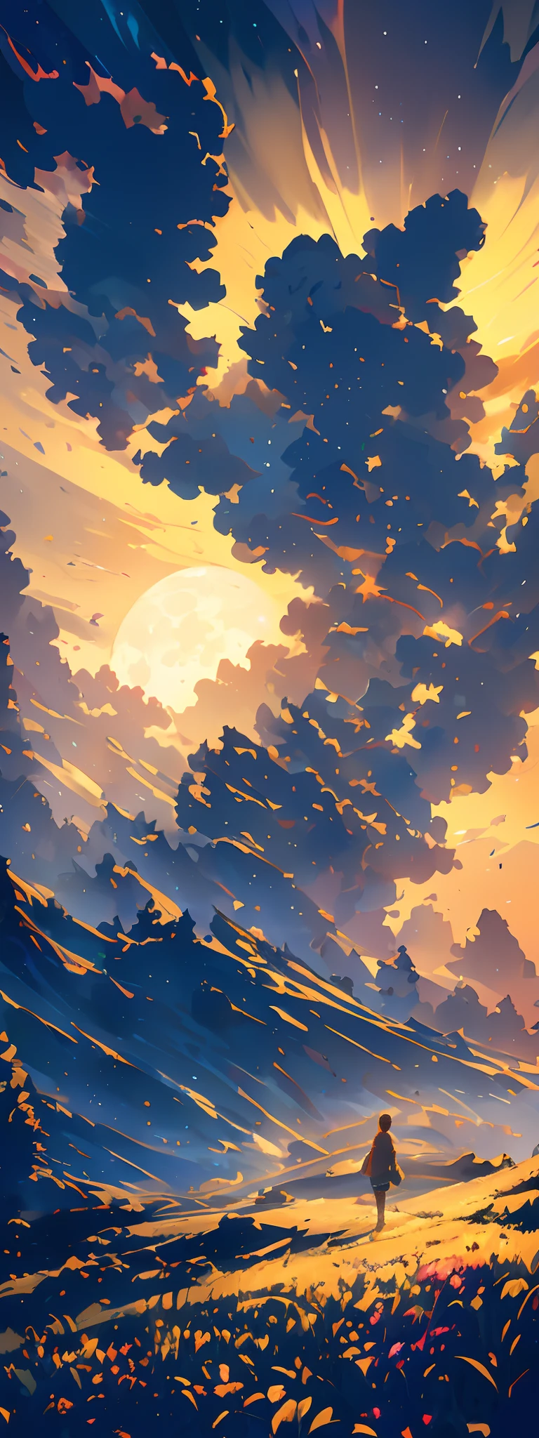 A wide landscape photo, (viewed from below, the sky is above, and the open field is below), a girl standing on a flower field looking up, (full moon: 1.2), (meteor: 0.9), (nebula: 1.3), distant mountains , Trees BREAK Crafting Art, (Warm Light: 1.2), (Firefly: 1.2), Lights, Lots of Purple and Orange, Intricate Details, Volumetric Lighting BREAK (Masterpiece: 1.2), (Best Quality), 4k, Ultra Detailed, (Dynamic Composition: 1.4), Rich in Detail and Color, (Rainbow Color: 1.2), (Glow, Atmospheric Lighting), Dreamy, Magical, (Solo: 1.2)