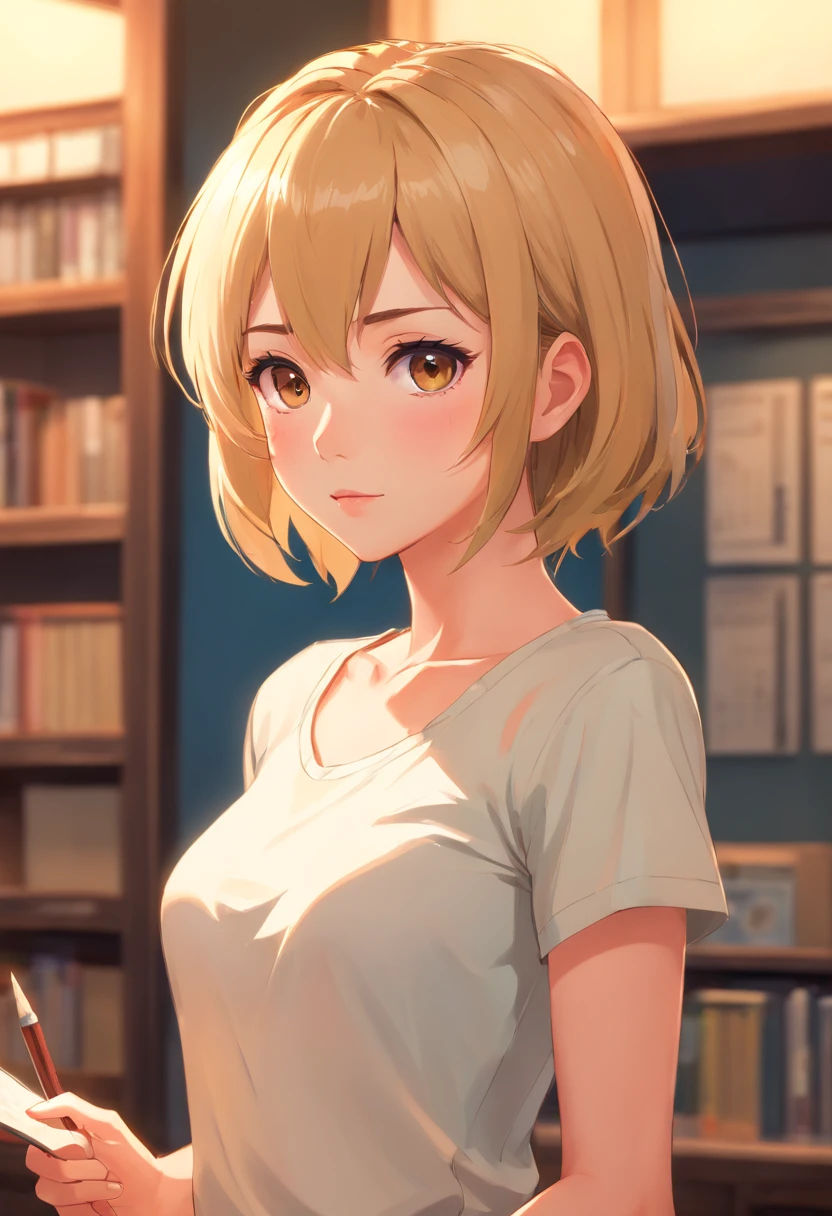 professional, (4k photo:1.1) by (Jeremy Lipking:0.3), (Dittmann Anna:0.3), (Arian Mark:0.3), (Sharp focus:1.3), high detail, wearing (tight shirt:1.2), beautiful detailed face, hazel eyes, short blonde hair, (attractive young woman:1.3), (:1.1), (blushing:1.1), hourglass body shape, natural , wide 