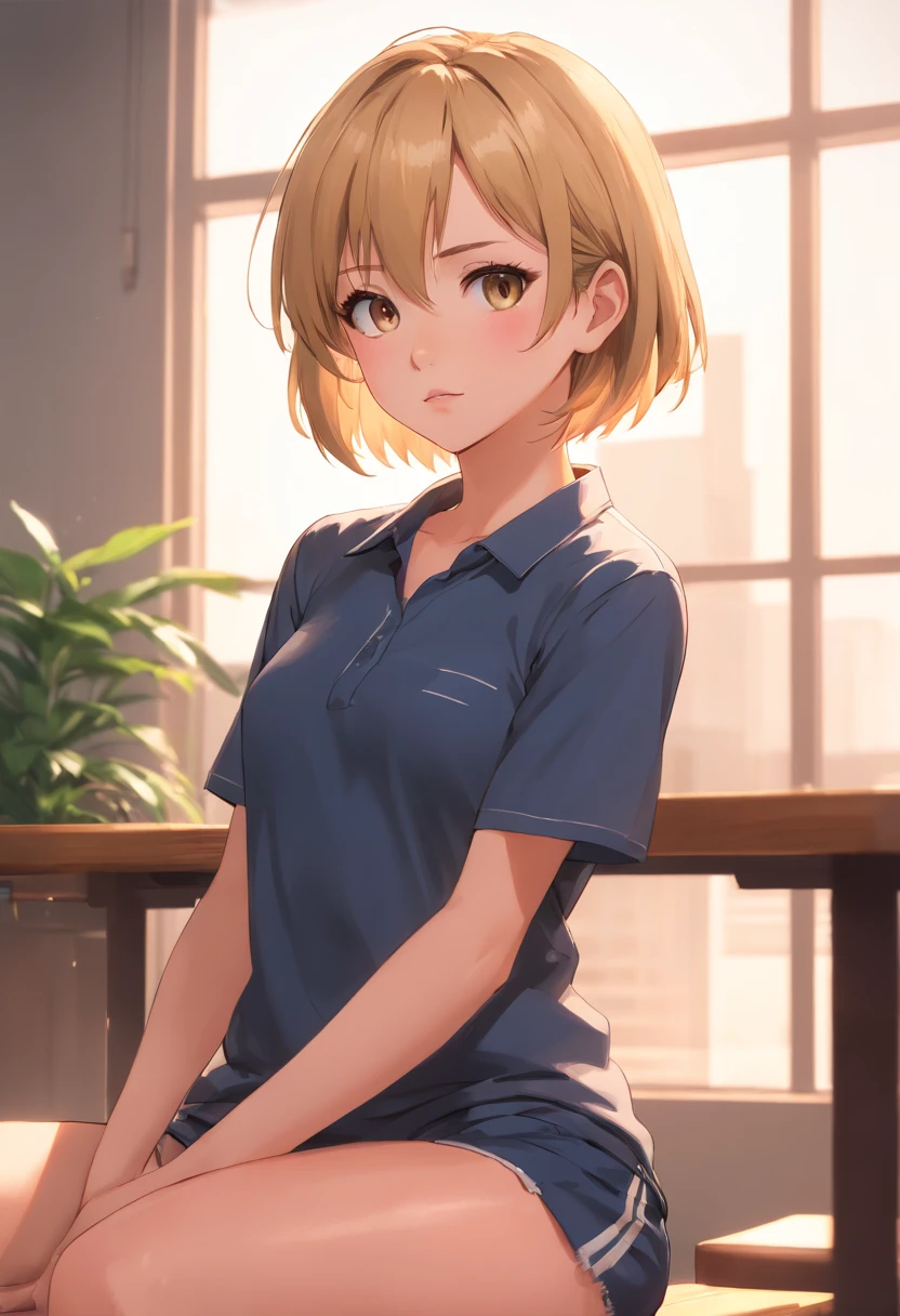 professional, (4k photo:1.1) by (Jeremy Lipking:0.3), (Dittmann Anna:0.3), (Arian Mark:0.3), (Sharp focus:1.3), high detail, wearing (tight shirt:1.2), beautiful detailed face, hazel eyes, short blonde hair, (attractive young woman:1.3), (seductive:1.1), (blushing:1.1), hourglass body shape, natural breasts, wide hips