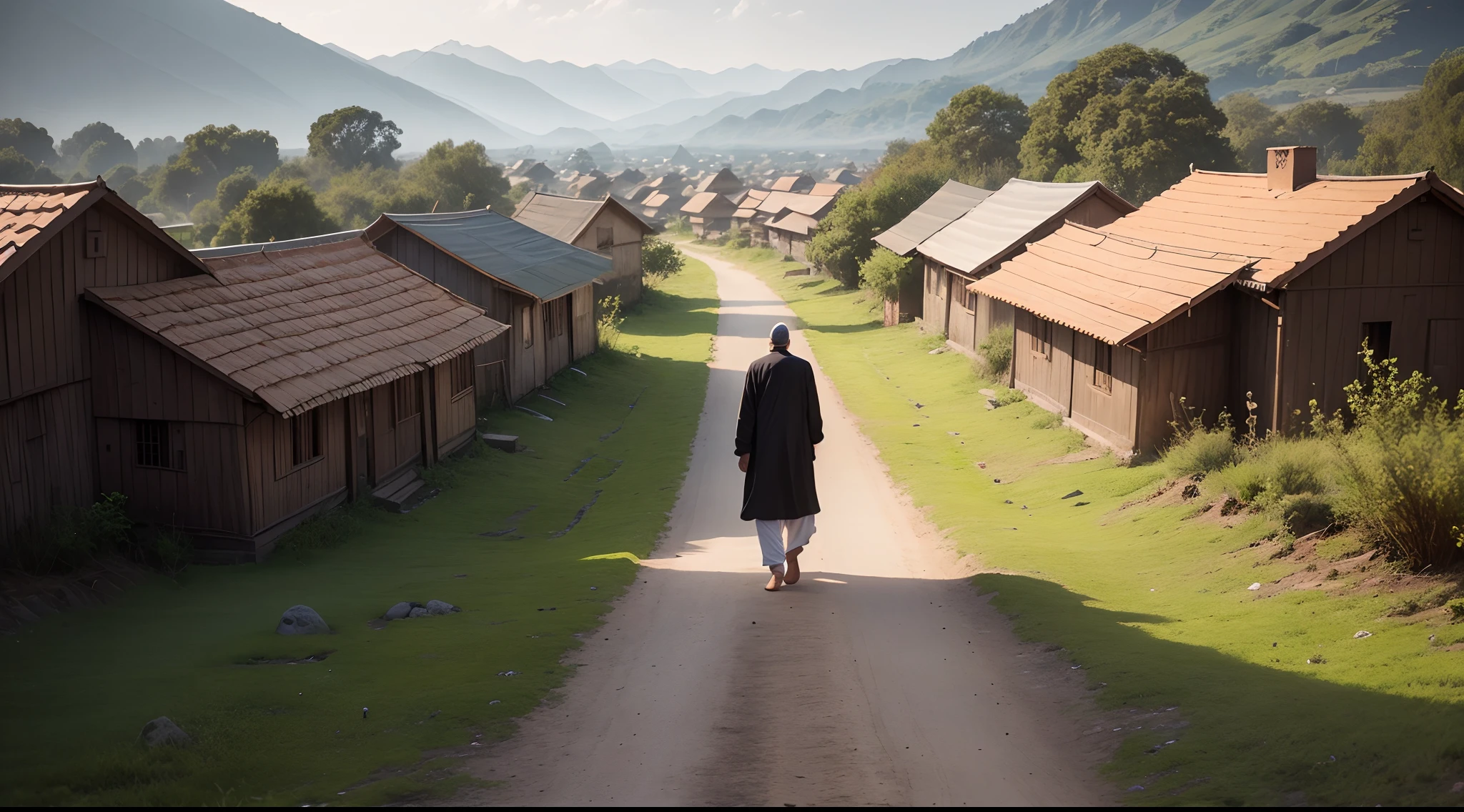 renowned guruji visited the village,backside of guruji,walking the road,focus on the centre guruji,black dress