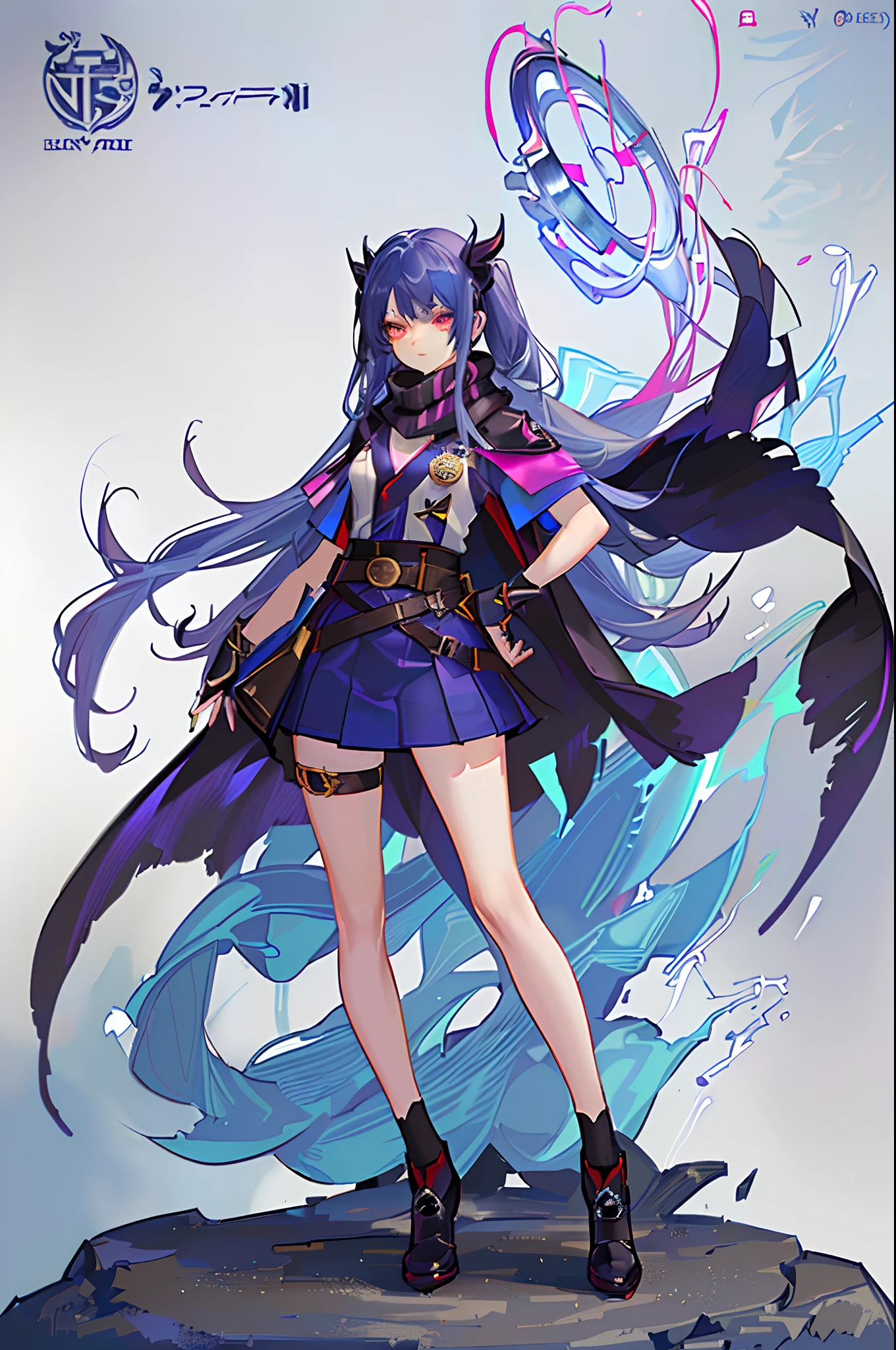 league of legend female character, hyper league of legend art style, void magic student, ((cloak, mini skirt, badge, hand glove, belt, armlet, scarf)), ((colorful twintails, colorful pupil, stripe make up, perfect body shape)), (evil aura, vine effect), (masterpieces, fantasy world, hyper resolution), library background