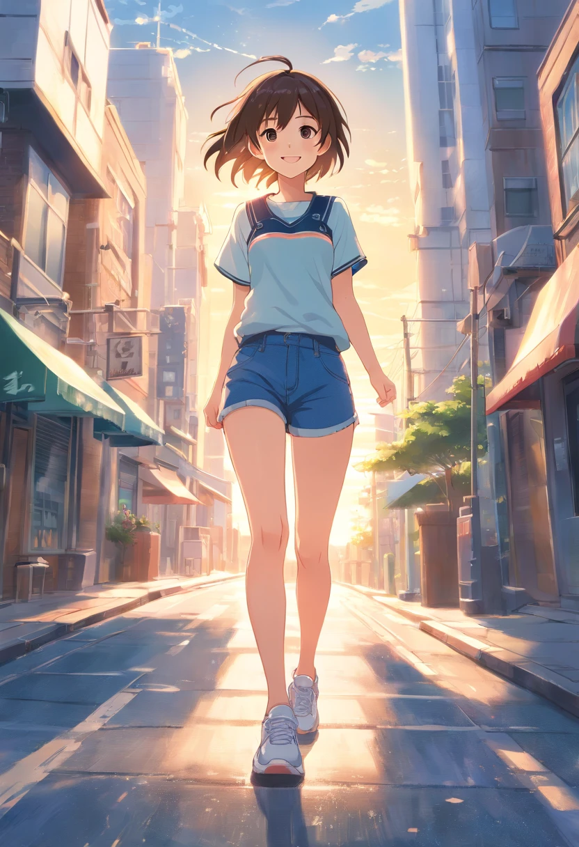 (best quality, high-res, photo-realistic:1.2), ultra-detailed, portrait, looking in the sky, denim pants, athletic sneakers, adorable, genki girl, smiling, long hair, Qi bangs, rays of sunshine, super-fine rendering