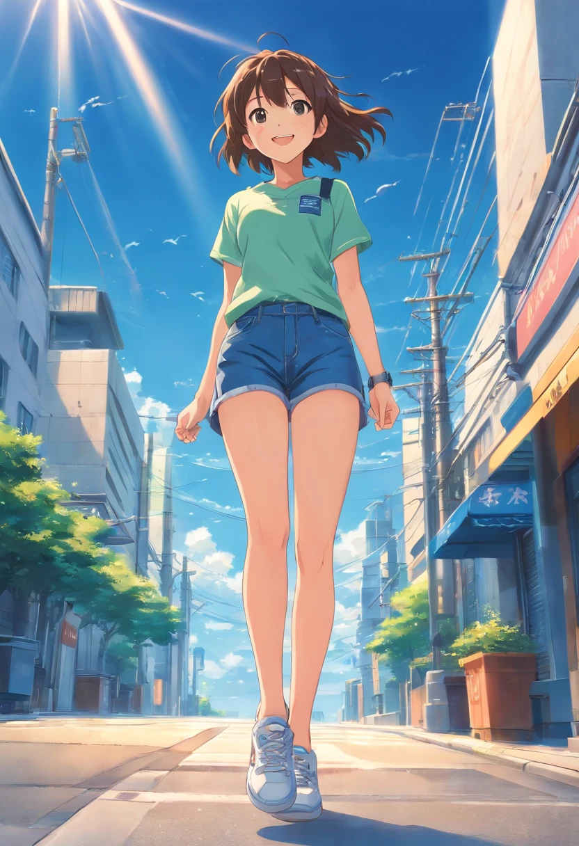 (best quality, high-res, photo-realistic:1.2), ultra-detailed, portrait, looking in the sky, denim pants, athletic sneakers, adorable, genki girl, smiling, long hair, Qi bangs, rays of sunshine, super-fine rendering