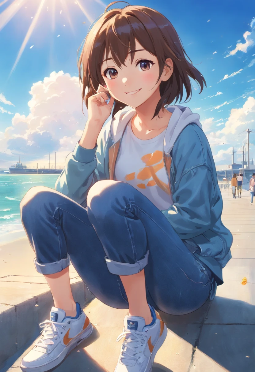 (best quality, high-res, photo-realistic:1.2), ultra-detailed, portrait, looking in the sky, denim pants, athletic sneakers, adorable, genki girl, smiling, long hair, Qi bangs, rays of sunshine, super-fine rendering