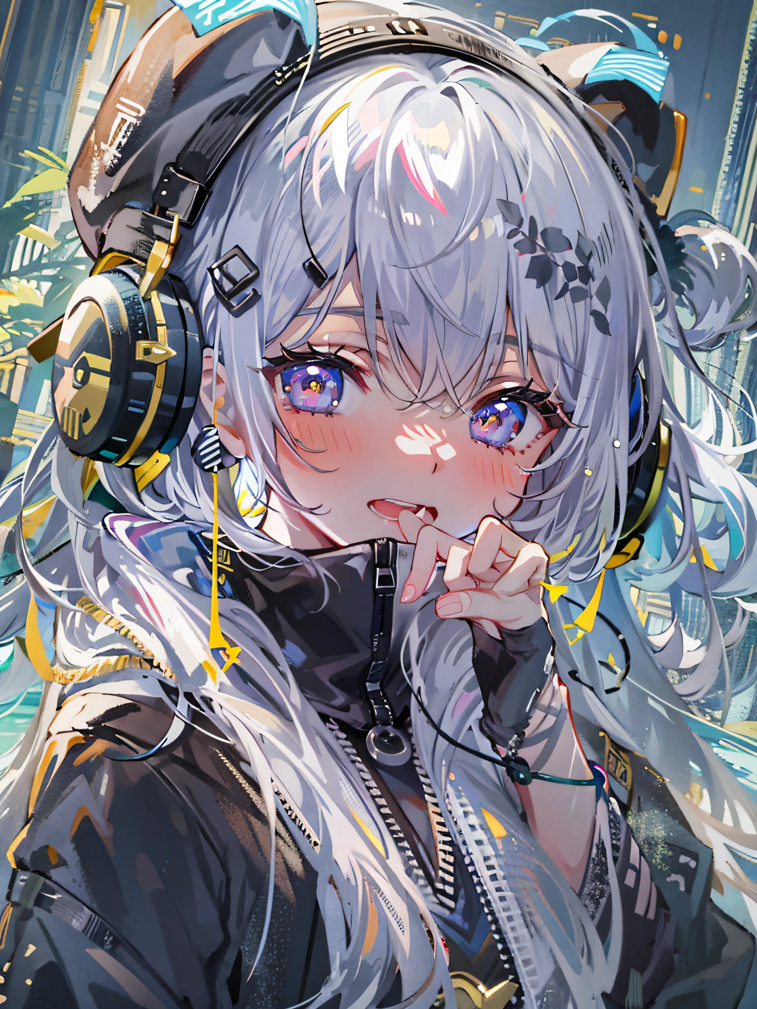 8K分辨率、((top-quality))、((​masterpiece))、((ultra-detailliert))、1 woman、独奏、silver hair、long hair、beret、incredibly absurdness、Oversized hoodies、headphones、Street、plein air、Sateen、neons、Shortcut Hair、Brightly colored eyes、Hands in pockets、a miniskirt、water dripping、