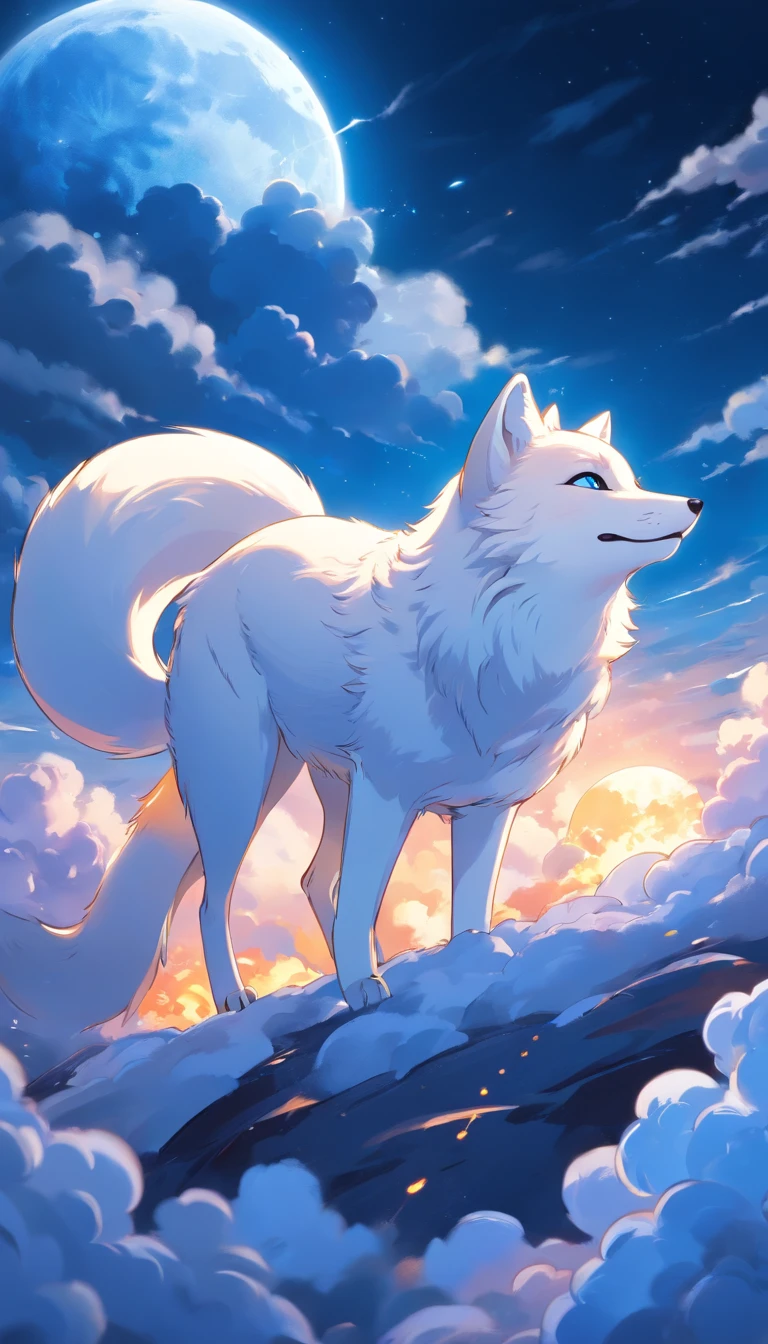 best quality, 8k, a white fox with blue flames on parts of its body lying on a moon, clouds scene