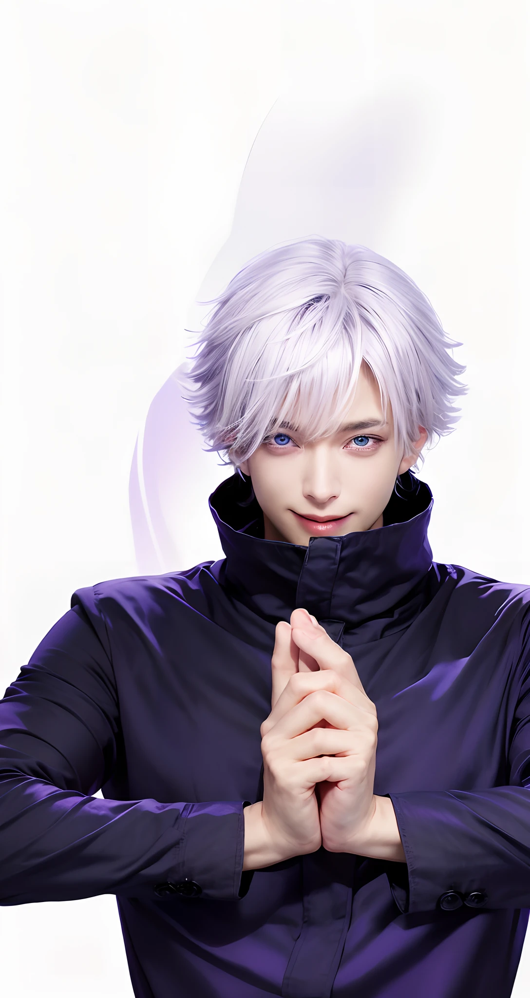 1male, gojo satoru in anime jujutsu kaisen, short hair , white hair, blue ligth eyes, handsome, smile, purple clothes, realistic clothes, detail clothes, city background, ultra detail, realistic
