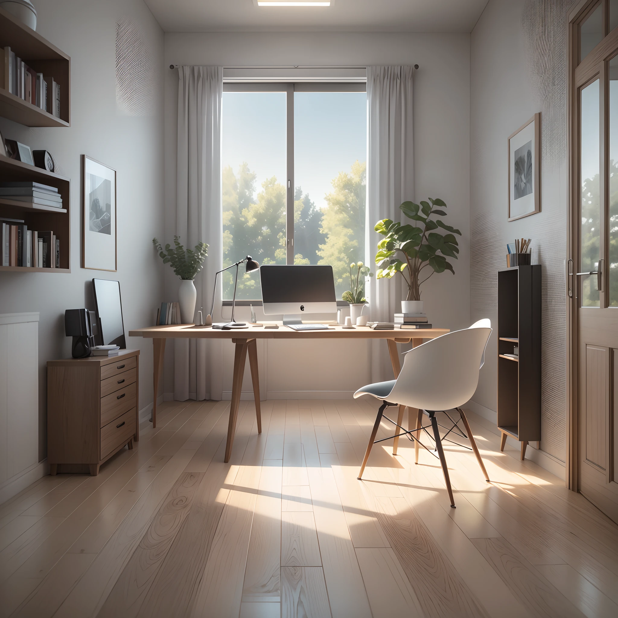 Study room, featuring an elegant table and plush couch, a modern PC resting on the table. Two comfortable chairs invite productivity. A generous window bathes the room in natural light, illuminating it in a serene white glow. The wooden floor exudes warmth, while gray tiles define the adjacent area, creating a tasteful contrast