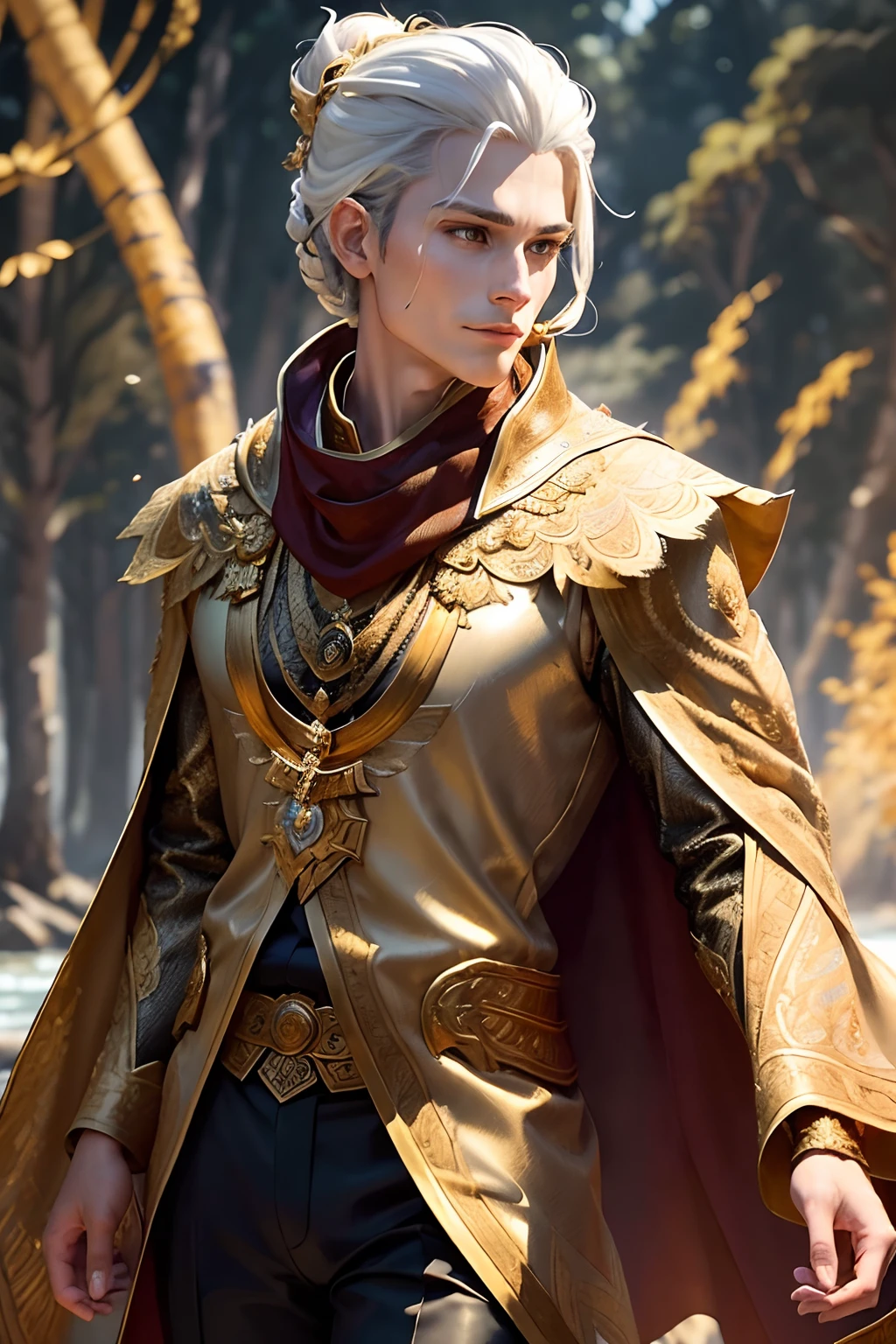(1male) ,,A young man standing by a river in the middle of the forest........, With the serpent as the backdrop..................Linewichit Style, (Updo Gold:1.2),(Medium Full Shot) (Wear platinum armor....:1.2), (Gold leather jacket:1.2)(Golden Armor :1.1) (And the cloak of gold....:1.1).................,Staring at the audience,(Long gold scarf: 1.1) (capes:1.2) Royal Style (embroidery:1.5)A kind smile (Long golden hairstyle blown by the wind)., (Lakshmangakot Gorket Poldron Gold :1.3),(masterpiece:1.2) (illustration:1.1) (bestquality:1.2) (Detailed) (intricate) (10) (HDR) (wallpaper) (Cinematic lighting)