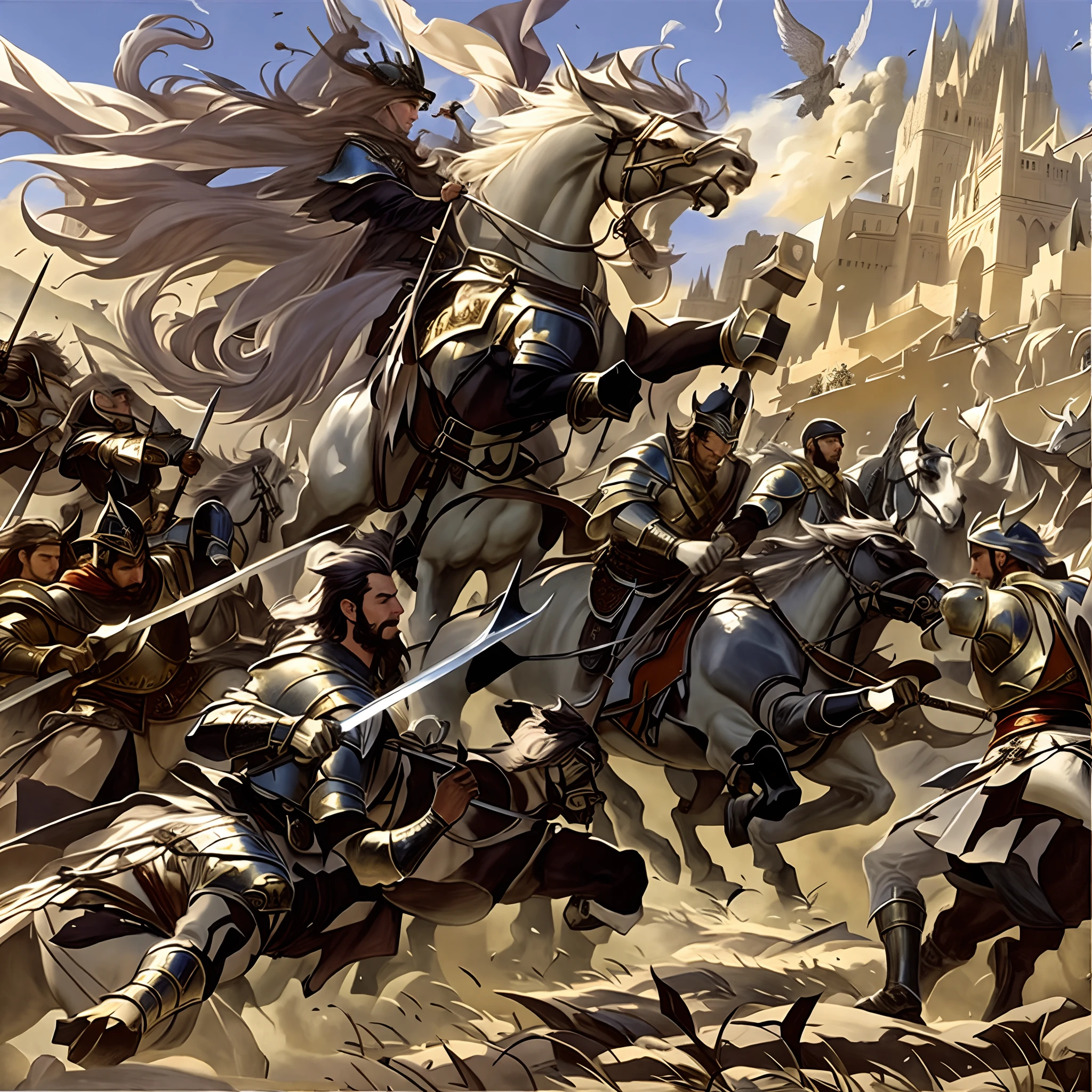 There are many men on horseback with a castle in the background, Fantastic medieval battle, Medieval fantasy game art, Award - Award-winning epic painting, Epic battle scene, Epic Fantasty art du jeu de cartes, Art du jeu de cartes Epic Fantasy, Heroic battle scene, Art du jeu de cartes fantastique, Epic fantasy battle, Medieval fantasy art, Charge de cavalerie, Illustration of epic fantasy
