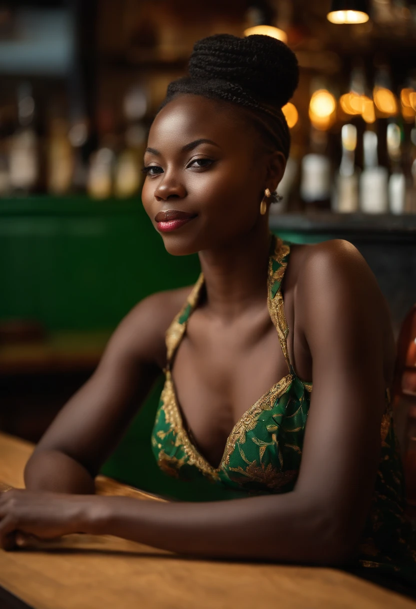 Photographie en gros plan de (Equatorial Guinean waitress:1.3), 20 ans, (Se pencher:1.3), (grande taille de poitrine:1.3), Exposer les seins, Blonde (Tresses du Ghana:1.3), (Regarder le spectateur:1.3), dans le bar, intime, hyper realistic texture human skin, Flat lighting, (saturation douce:1.2), Style analogique,
