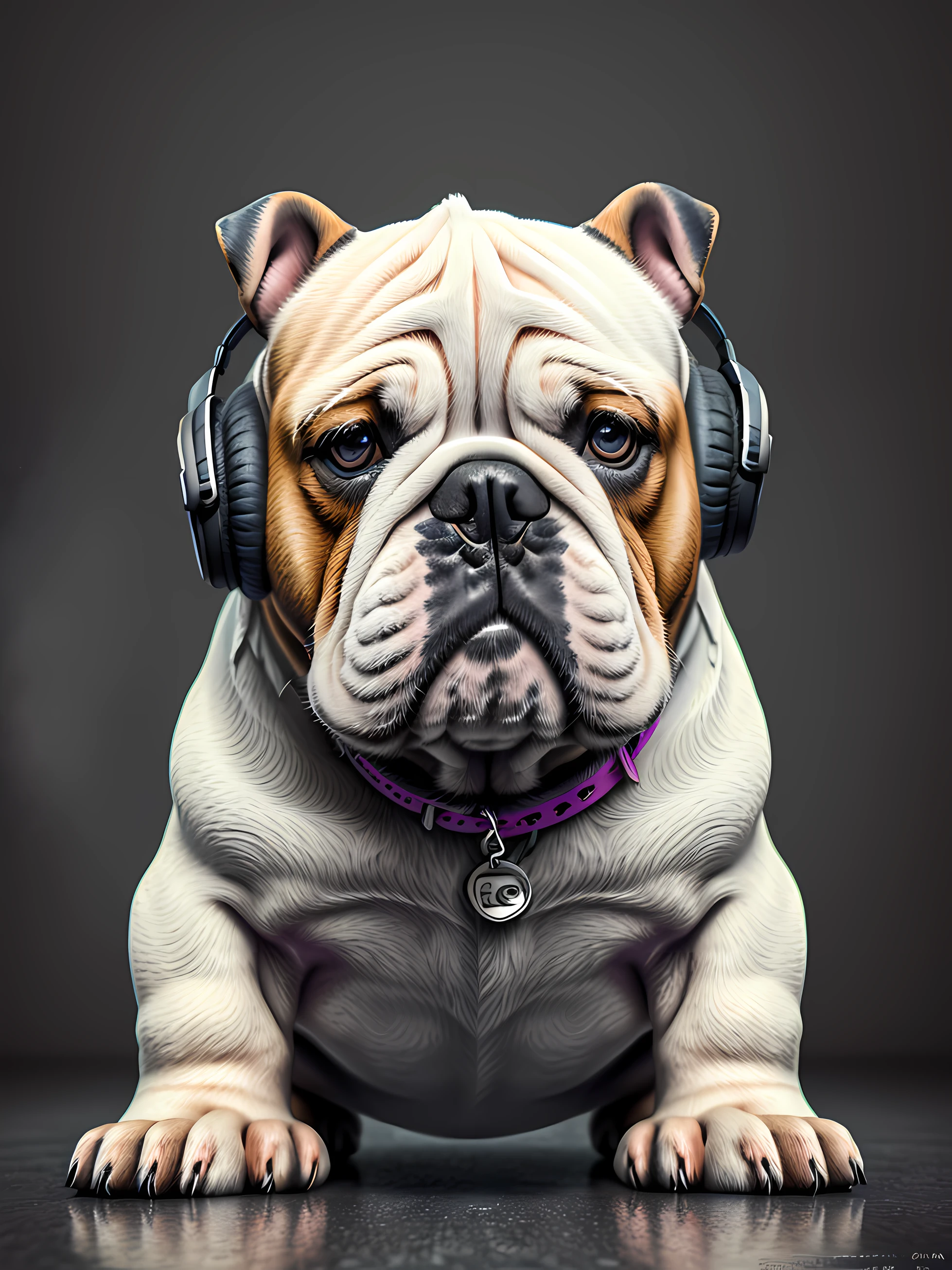 um cachorro bulldog inglesa, pintura estilo 3D aquarela, DJ dog listening to music, DJ English bulldog breed dog, imagem completa, High resolution high contrast (fotorrealista:1.5), (Foto RAW, 8k UHD,