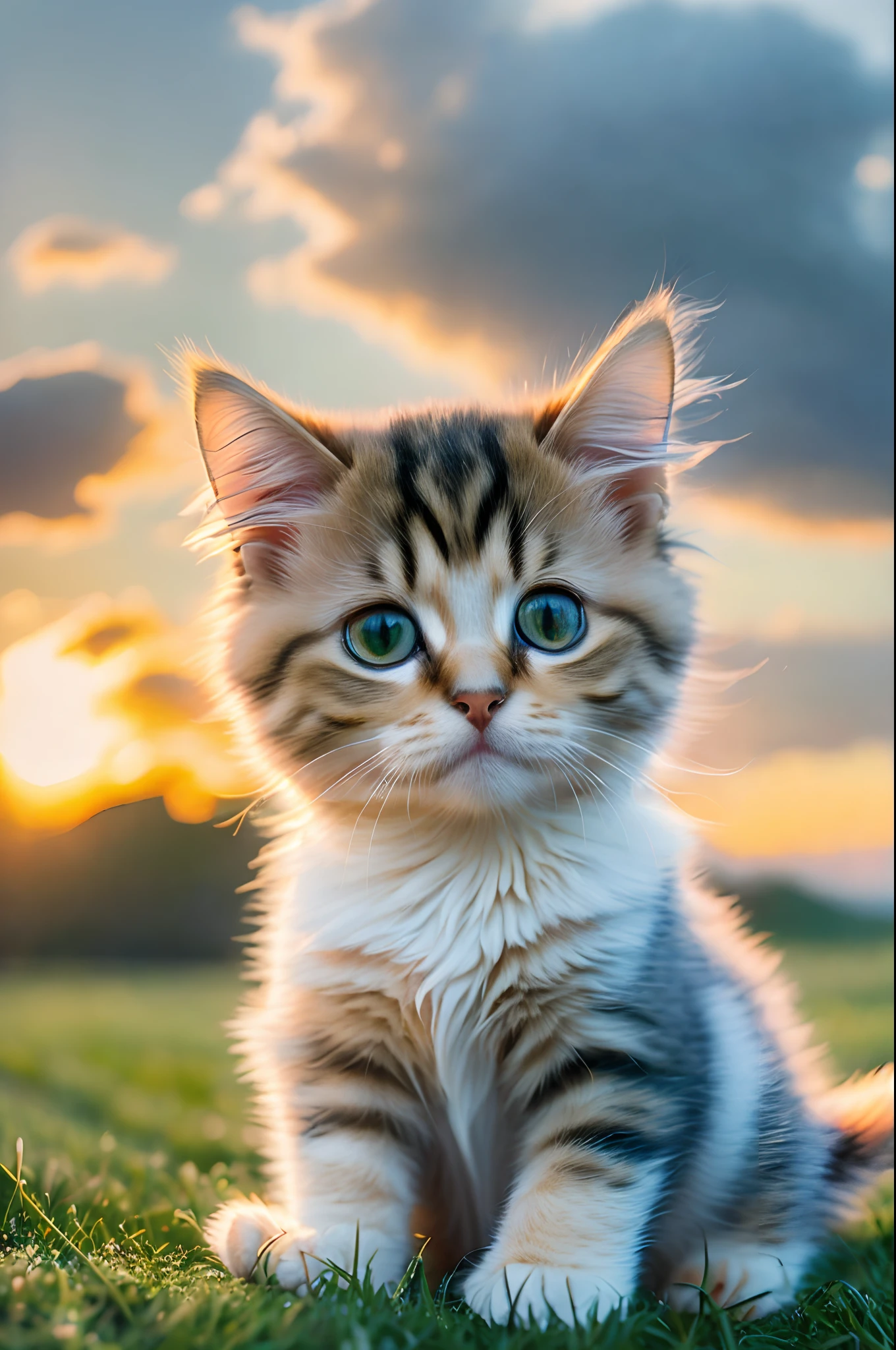 There is a picture of a very cute kitten on the green grass，Facing the camera，Sky at sunset，White clouds，Soft volumetric light，（The light from the back window is backlighted：1.3），（cinematic ligh：1.2），Complicated details，（art  stations：1.3），Muppet cat