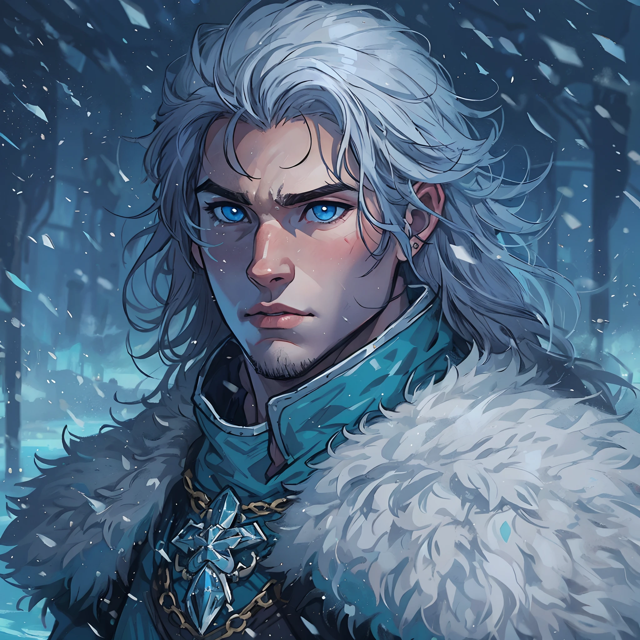 um jovem guerreiro, Um nobre cavaleiro, guerreiro de um reino, usando roupas igual do Jon Snow, sobretudo preto de inverno, um sobretudo da patrulha da noite, This warrior is young with ice powers, your hair is short at ear height, como um corte de cabelo estilo emo, tem cabelos brancos como a neve, He is a great warrior of a blue and white kingdom, his eyes are blue as the ocean, He is from the Angelica family, Lights make up the image, juntamente com neve e um brilho branco, no fundo uma cidade de rpg durante um inverno enquanto neva, uma arte medieval para RPG