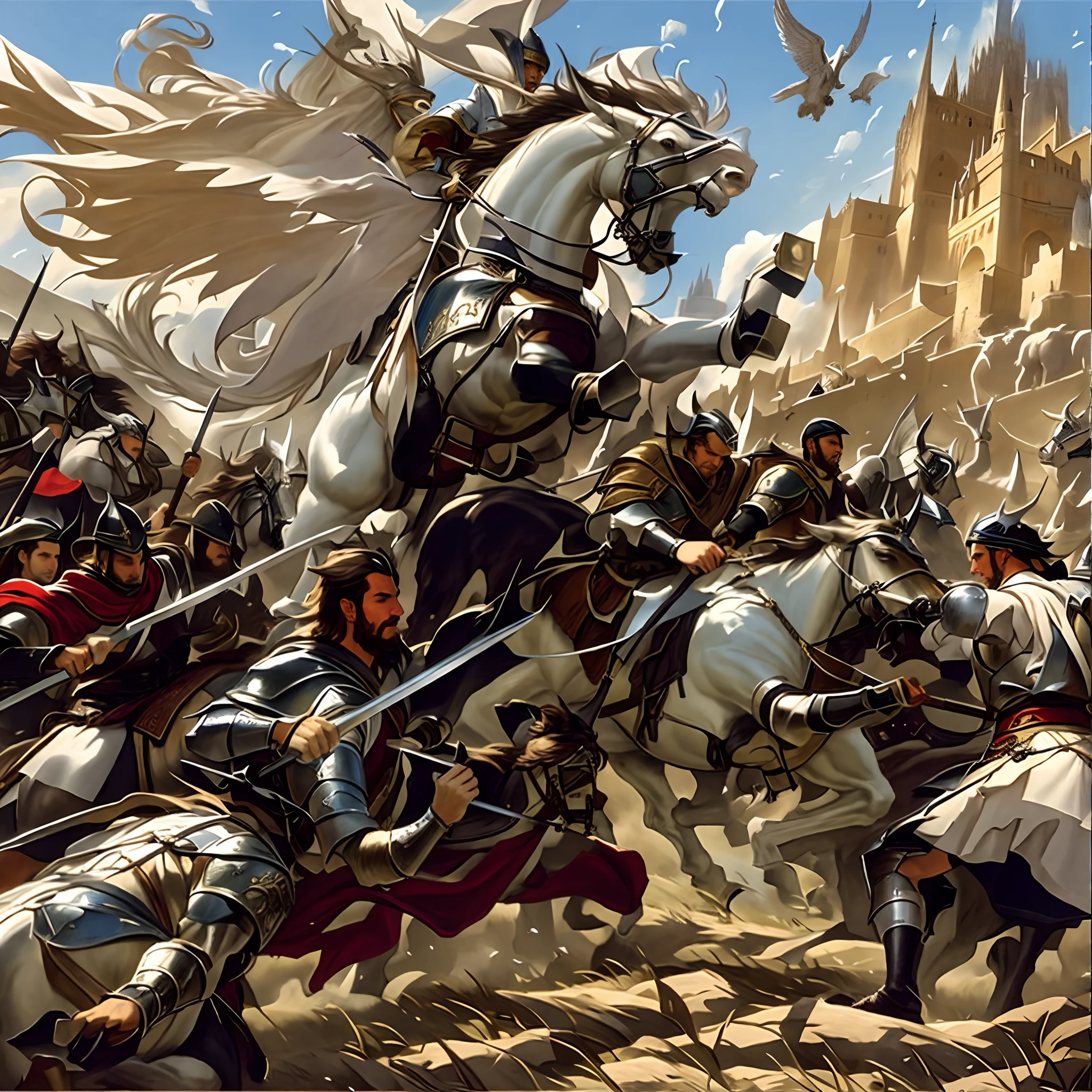 There are many men on horseback with a castle in the background, Fantastic medieval battle, Medieval fantasy game art, Award - Award-winning epic painting, Epic battle scene, Epic Fantasty art du jeu de cartes, Art du jeu de cartes Epic Fantasy, Heroic battle scene, Art du jeu de cartes fantastique, Epic fantasy battle, Medieval fantasy art, Charge de cavalerie, Illustration of epic fantasy