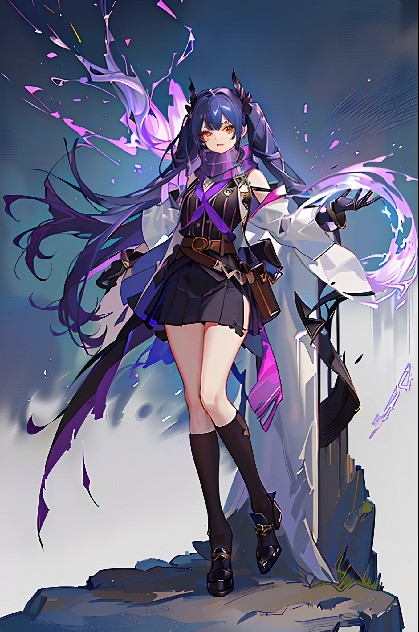 league of legend female character, hyper league of legend art style, void magic student, ((cloak, mini skirt, badge, hand glove, belt, armlet, scarf)), ((colorful twintails, colorful pupil, stripe make up, perfect body shape)), (evil aura, vine effect), (masterpieces, fantasy world, hyper resolution), library background