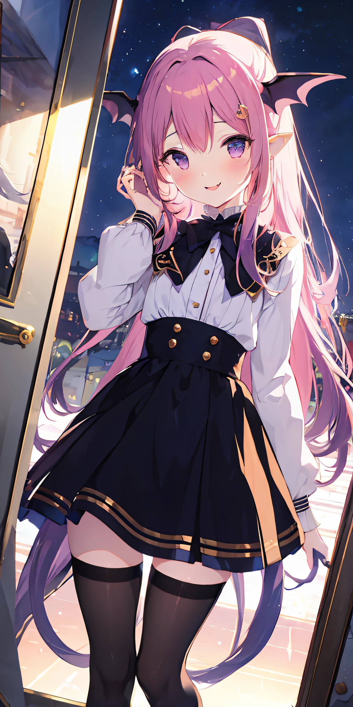 (((masterpiece))), (((best quality))), ((ultra-detailed)), long magenta-lavender gradient hair, solo, girl, Succubus, long hair, hair on hip, gold eyes, heart-shaped devil tail, black dress, black ribbon, long sleeves, petite, small breast, straight cut bangs, best quality, volumetric lighting, smile, mirror, moonlight, short, teen, short skirt, fang, black thighhighs