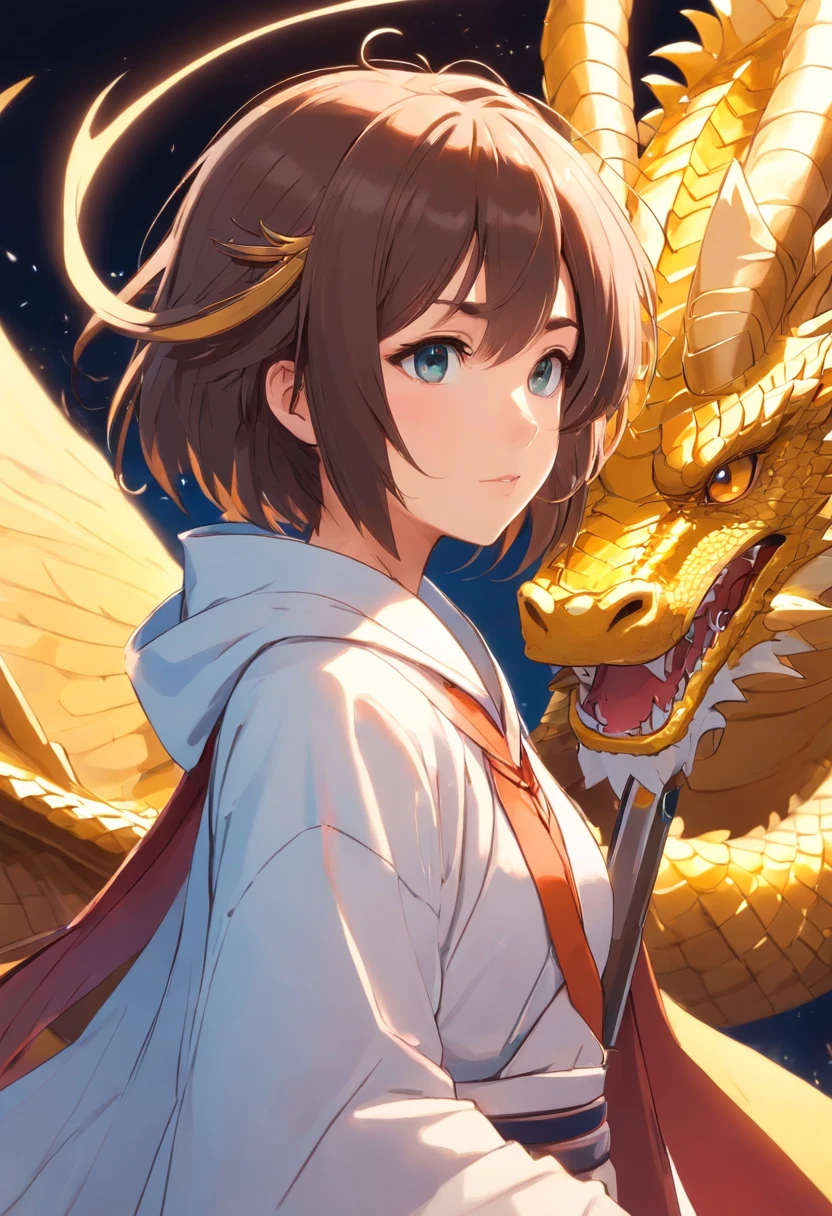 (tmasterpiece,top Quority,best qualtiy,offcial art,Beauty and aesthetics)(girl with)(extremely detailed eye)(face perfect)(White cloak of gold thread)(Carrying weapons on your back,Has a dragon pattern)(mature temperament)(Delicate texture)(Best-aesthetic)