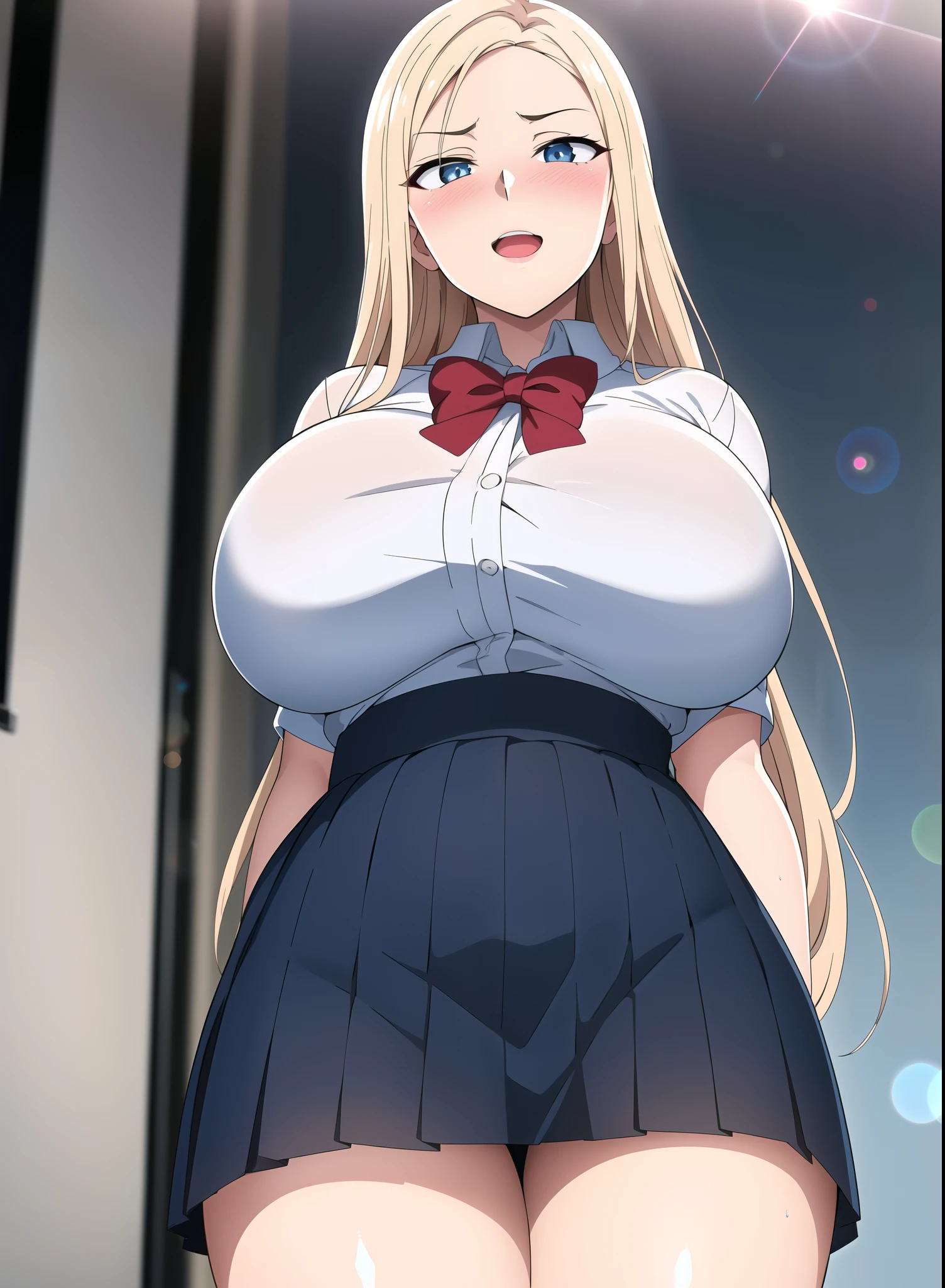 skirt, shirt, school uniform, cowboy shot , skirt lift, from below ,  , serious look , crossed arms, (thighs:1.2), blonde_long_hair, parted bangs, Character： 1 girl,Solo, Manga,20yo,mature female,Beautiful Finger,Beautiful long legs,Beautiful body,Beautiful Nose,Beautiful character design, perfect eyes, perfect face, (dark blue eyes:1.2), Expression： looking at viewer, (lustful expression:1.0),(excited:1.3), Picture Quality: official art,extremely detailed CG unity 8k wallpaper, (masterpiece:1.0),(best_quality:1.0), ultra high res,4K,ultra-detailed, photography, 8K, HDR, highres, absurdres:1.2, Kodak portra 400, film grain, blurry background, bokeh:1.2, lens flare, (vibrant_color:1.2) , ultra high res,4K,ultra-detailed, photography, 8K, HDR, highres, absurdres:1.2, film grain, blurry background, bokeh:1.2, lens flare, (vibrant_color:1.2), beautiful body, perfect body, climax, o_face, red cheeks, opened mouth, blush,Ultra Detailed Face, Detailed Lips, Fine Eyes, Double Eyelids, ((( blush: 1.3)), (Beautiful,large_Breasts:1.4), (beautiful_face:1.5),(narrow_waist),