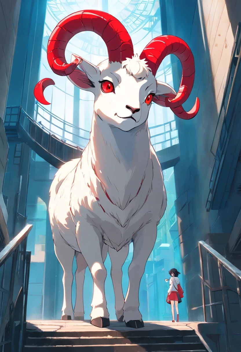 a detailed anime drawing of a dangerous white ram with red markings on its body, large curled horns, and red eyes. It is lost in a deep, spiral staircase with no way out