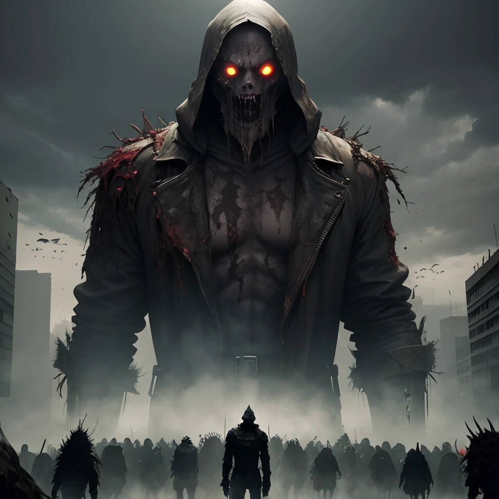 zombis, Decaer, Estilo Doomsday, horror, Muchos casquillos de bala en el suelo, a group of zombies behind, Una ciudad en llamas, oppression, Disco duro, 4k, Muchos detalles